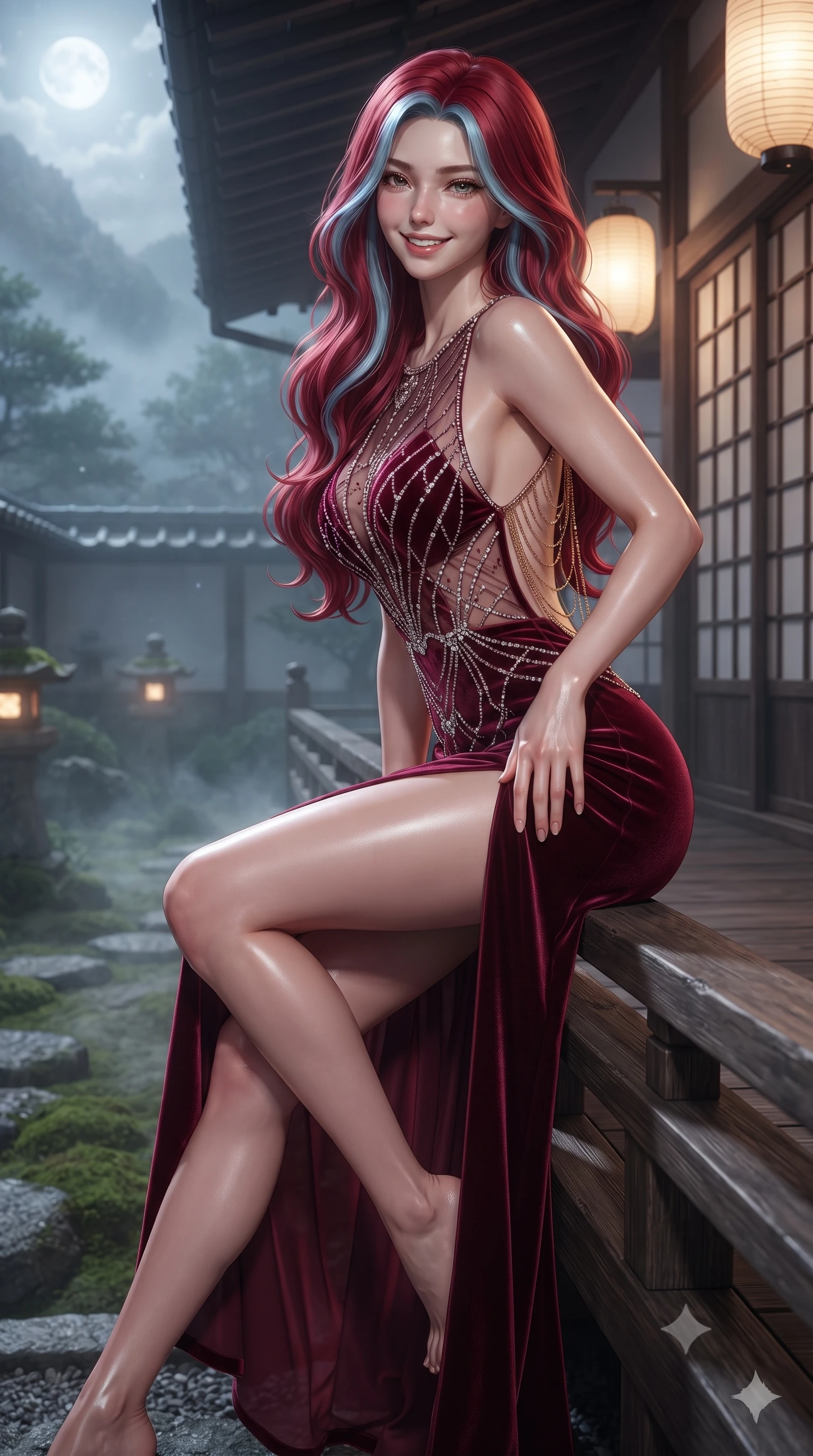 score_9, masterpiece, best quality, ultra-detailed, high-budget anime keyframe, editorial fashion photography, tasteful artistic composition, Caucasian woman. close-up cowboy shot from the waist and thighs up, the character dominates the composition, filling the frame with her large presence. tilting her head with a teasing half-smile, running one hand slowly down the side of her hip in a flirtatious S-curve as ambient light caresses her silhouette while sitting perched on the veranda railing with legs crossed, flashing a radiant, flirtatious smile toward the lens with parted glossy lips. The surrounding environment is rendered in vivid detail and crisp panoramic clarity: detailed sheer silk organza modern qipao dress, high-cut side slits, and master Japanese carpentry in high resolution. She has an exceptionally elegant, slender, and willowy female figure with an ultra-slim waist, flat toned midriff, narrow ribcage, and sculpted feminine hips creating an alluring, slim hourglass silhouette without bulk. sharp v-shaped jawline, high-bridge nose, intricate jewel-like sparkling eyes with depth, thick eyelashes, glossy parted lips with a natural peach sheen, bright cheerful beaming smile with an enchanting and coquettish sensual glint, exuding both youthful cute charm and seductive allure, flawlessly proportioned anatomical accuracy, strict slender model proportions, natural body alignment, perfectly sculpted long slender limbs, ultra-slim waistline, clean dynamic posture without body distortion. wearing a plunge-front sheer mesh cocktail gown with delicate crystal beading and an ultra-daring hip-high leg slit in French boudoir bordeaux wine and antique brass, tailored from ultra-plush silk velvet with rich tactile depth and deep shadow gradients, accented with an open-back drape framed by falling strands of delicate gold chains, the second-skin tailored fabric adhering flawlessly to her sculpted flat midriff and slender torso, emphasizing her long leg lines and perfectly proportioned willowy build. bathed in ethereal silver moonlight filtering through mountain mist combined with warm 2500K paper lantern glows. ultra-reflective glossy finish, specular highlights, rich textural contrasts, high-contrast stereoscopic depth, volumetric dynamic lighting, 2k, ultra detail, master piece, 9:16 ratio