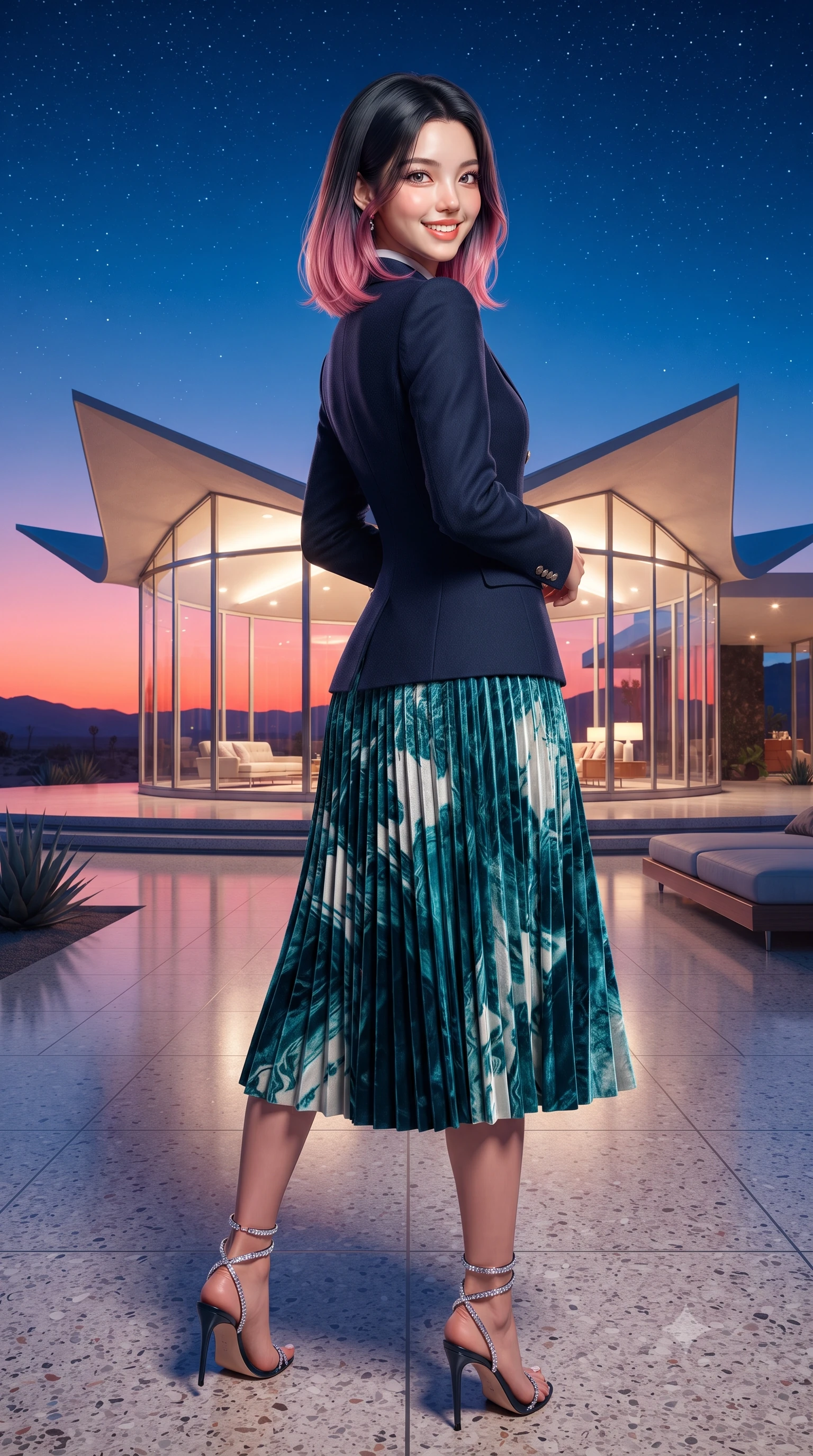 score_9, masterpiece, best quality, ultra-detailed, high-budget anime keyframe, editorial fashion photography, tasteful artistic composition, Korean woman. close-up cowboy shot from the waist and thighs up, the character dominates the composition, filling the frame with her large presence. posing in an alluring rear three-quarter angle, looking over a bare shoulder with parted glossy lips, her hips cocked back to highlight her slim hourglass curve while standing poised on the polished terrazzo patio beside the iconic butterfly-roof glass pavilion, arching her lower back as desert sunset transitions into star-filled twilight. The surrounding environment is rendered in vivid detail and crisp panoramic clarity: detailed garment textures, waistline contouring, and modernist architectural craft in razor-sharp precision. She has an exceptionally elegant, slender, and willowy female figure with an ultra-slim waist, flat toned midriff, narrow ribcage, and sculpted feminine hips creating an alluring, slim hourglass silhouette without bulk. sharp v-shaped jawline, high-bridge nose, intricate jewel-like sparkling eyes with depth, thick eyelashes, glossy parted lips with a natural peach sheen, bright cheerful beaming smile with an enchanting and coquettish sensual glint, exuding both youthful cute charm and seductive allure, flawlessly proportioned anatomical accuracy, strict slender model proportions, natural body alignment, perfectly sculpted long slender limbs, ultra-slim waistline, clean dynamic posture without body distortion. wearing a tailored navy wool equestrian riding blazer paired with a pleated midi skirt in Verdon canyon emerald turquoise and dewy alabaster, tailored from ultra-plush silk velvet with rich tactile depth and deep shadow gradients, complemented by strappy stiletto sandals with crystal ankle wraps accentuating her slender calves, the bespoke structured tailoring following the natural line of her 8.5-heads silhouette with refined elegance. bathed in saturated 2900K sunset-coral twilight transitioning into electric twilight blue. ultra-reflective glossy finish, specular highlights, rich textural contrasts, high-contrast stereoscopic depth, volumetric dynamic lighting, 2k, ultra detail, master piece, 9:16 ratio