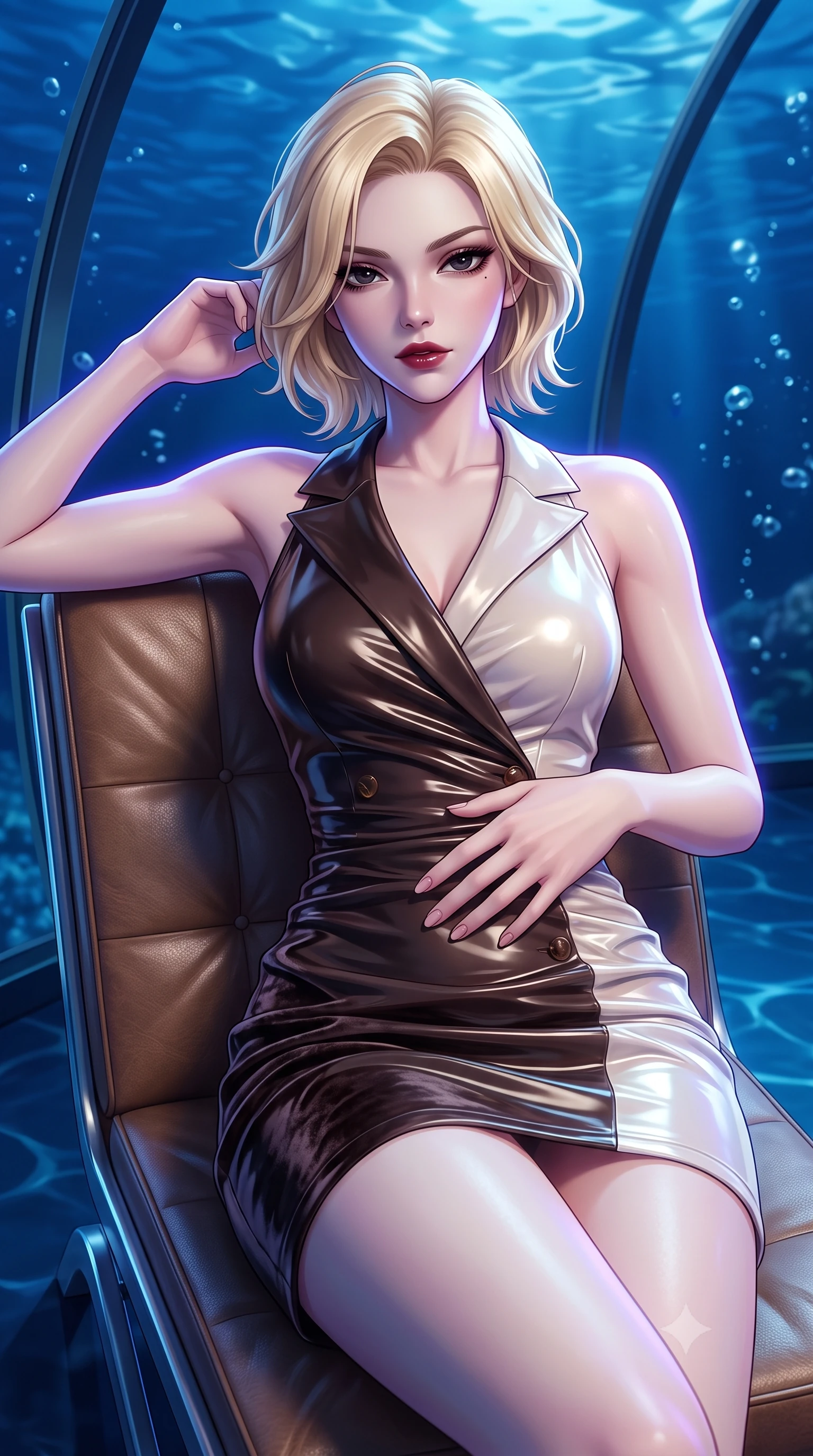 score_9, masterpiece, best quality, ultra-detailed, high-budget anime keyframe, semi-realistic 3D game render, editorial fashion photography, tasteful artistic composition, Caucasian woman. close-up cowboy shot from the waist and thighs up, the character dominates the composition, filling the frame with her large presence. leaning back against the leather lounge with relaxed seductive grace, one hand resting on her flat midriff as her narrow waist and curvy hips command the frame while leaning against the curved observation glass with hips cocked back, casting an intoxicating, sultry bedroom-gaze through deep cobalt water ripples. The composition keeps background elements in soft focus with dreamy creamy bokeh. deep ocean water currents and floating air micro-bubbles softened in surreal aquatic shallow focus. She has an exceptionally elegant, slender, and willowy female figure with an ultra-slim waist, flat toned midriff, narrow ribcage, and sculpted feminine hips creating an alluring, slim hourglass silhouette without bulk. sharp v-shaped jawline, high-bridge nose, intricate jewel-like dark sparkling eyes with dangerous depth, thick curled eyelashes, glossy parted lips with a rich wine sheen, smoldering seductive half-smile with bedroom-eyes, exuding effortless superiority and intoxicating dark allure, flawlessly proportioned anatomical accuracy, strict slender model proportions, natural body alignment, perfectly sculpted long slender limbs, ultra-slim waistline, clean dynamic posture without body distortion. wearing a liquid-look vinyl mini dress with an asymmetric neckline and hip-defining side ruching in dark espresso brown and pearlescent ivory, tailored from crushed dark velvet with deep light-absorbing plush texture, finished with sharp tailored peak lapels and subtle horn button accents, the form-contouring cut accentuating her sculpted flat midriff, narrow delicate ribcage, and gracefully curvy hips with sovereign high-fashion precision. illuminated by pulsating ultraviolet rim lights and caustic water reflections sharply carving her razor-sharp jawline, narrow waist, and curvy hips. highly saturated vibrant anime colors, detailed shading with soft gradients, rich glossy textures, high-contrast stereoscopic depth, volumetric dynamic lighting, master piece, 9:16 ratio