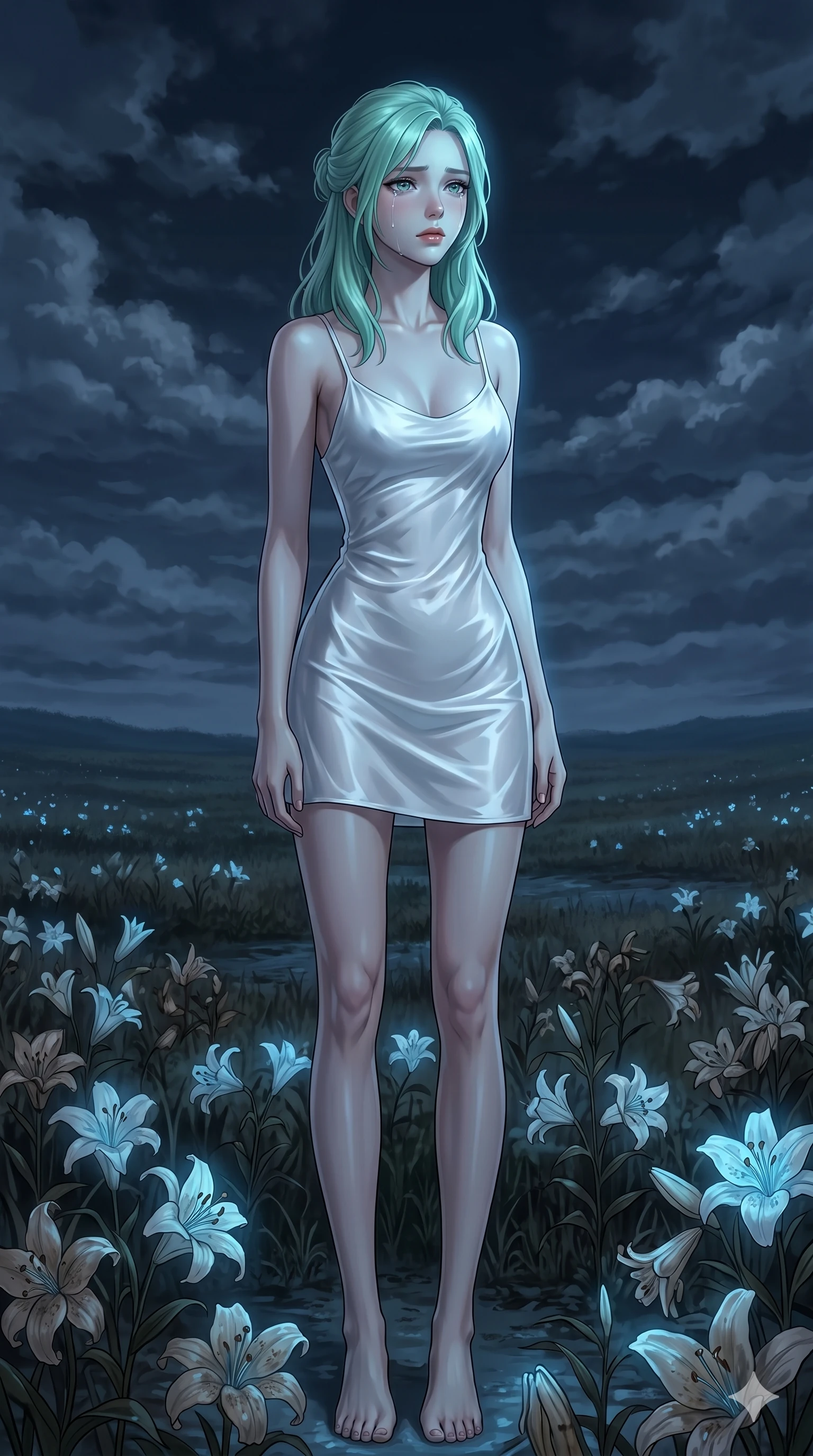 score_9, masterpiece, best quality, ultra-detailed, high-budget anime keyframe, editorial fashion photography, tasteful artistic composition, Japanese woman. cowboy shot from the thighs up, character and outfit filling the frame for maximum editorial presence. gazing past the camera with tear-rimmed jewel-like eyes, her expression filled with quiet, profound sorrow standing in a field of withered bioluminescent lilies under a cloudy night sky (Scenario Code S-57). She has an absolutely perfect 8-heads proportion, an exceptionally tall and slender female figure with impossibly long slender legs and an ultra-slim waist. V-shaped jawline, high-bridge nose, intricate jewel-like eyes with depth, thick eyelashes, glossy lips with a natural sheen. wearing a wet-look white silk slip dress that clings to her form, showing her elegant shoulder lines. illuminated by the pale blue light of a distant monitor, casting a cool glow on her face. 2k, ultra detail, master piece, 9:16 ratio