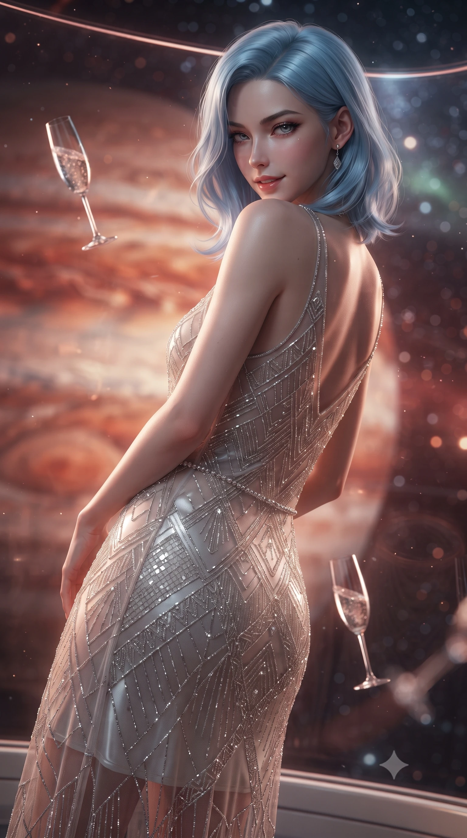 score_9, masterpiece, best quality, ultra-detailed, high-budget anime keyframe, editorial fashion photography, tasteful artistic composition, Korean woman. close-up cowboy shot from the waist and thighs up, the character dominates the composition, filling the frame with her large presence. turning over a bare shoulder with an intoxicating, teasing smile, her soft hair framing her sharp jawline as her hips angle gracefully while leaning back against the quartz-glass observation bulkhead with hips cocked, casting an alluring, sovereign bedroom-gaze past floating zero-gravity crystal flutes. The composition keeps background elements in soft focus with creamy bokeh. swirling crimson and amber cloud bands of Jupiter and shimmering polar auroras blurred into deep ruby, copper, and starlight bokeh. She has an exceptionally elegant, slender, and willowy female figure with an ultra-slim waist, flat toned midriff, narrow ribcage, and sculpted feminine hips creating an alluring, slim hourglass silhouette without bulk. sharp v-shaped jawline, high-bridge nose, intricate jewel-like eyes with depth, thick eyelashes, glossy parted lips with a natural sheen, intensely captivating and seductive bedroom-eyes expression, flawlessly proportioned anatomical accuracy, strict slender model proportions, natural body alignment, perfectly sculpted long slender limbs, ultra-slim waistline, clean dynamic posture without body distortion. wearing a sheer vintage mesh flapper dress adorned with intricate geometric beadwork over an opaque silk slip in shimmering silver mercury and pearl white, formed from supple second-skin lambskin leather with specular sheen, accented with a dainty diamond waist chain catching the ambient light reflections, the second-skin form-contouring cut accentuating her sculpted flat midriff, narrow delicate ribcage, and gracefully curvy hips with supermodel precision. bathed in dramatic warm crimson and copper planetary storm glow contrasting with cool cosmic starlight ambient fill. ultra-reflective glossy finish, specular highlights, rich textural contrasts, high-contrast stereoscopic depth, volumetric dynamic lighting, 2k, ultra detail, master piece, 9:16 ratio