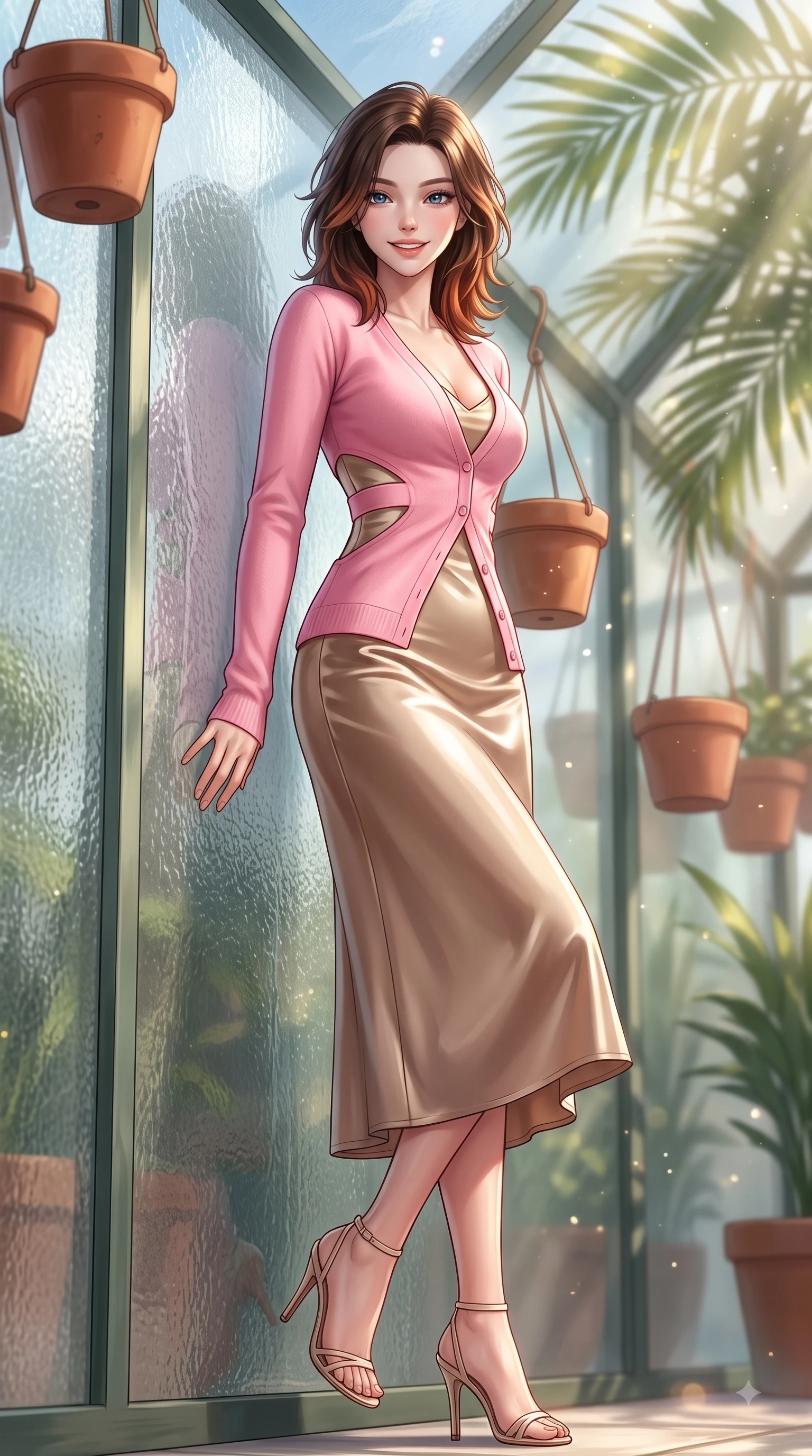 score_9, masterpiece, best quality, ultra-detailed, high-budget anime keyframe, editorial fashion photography, tasteful artistic composition, Korean woman. low angle full-body shot from head to toe showing her feet, filling the entire 9:16 vertical frame with her statuesque presence, stretching her vertical silhouette. pivoting dynamically with a fresh infectious smile, her ultra-slim waist creating a sweeping fluid curve while leaning against a glass greenhouse wall surrounded by hanging terracotta flower pots. The composition keeps background elements in soft focus with dreamy bokeh. sunbeams filtering through palm leaves scattering soft background light motes. She has an absolutely perfect, statuesque 8.5-heads proportion, an exceptionally tall and slender model-like female figure with impossibly long slender legs and an ultra-slim waist. sharp v-shaped jawline, high-bridge nose, intricate jewel-like eyes with depth, thick eyelashes, glossy lips with a natural sheen, flawlessly proportioned anatomical accuracy, natural body alignment, perfectly sculpted elegant limbs, clean dynamic posture without body distortion. wearing a glossy satin slip dress layered under a soft cashmere cardigan in bright cherry blossom pink and champagne, tailored from fine wool crepe with clean lines, complemented by clean architectural cutouts along her slender torso, the sleek second-skin texture accentuating her magnetic presence. surrounded by a peaceful, sun-drenched, and healing greenhouse atmosphere. highly saturated vibrant anime colors, detailed shading with soft gradients, rich glossy textures, high-contrast stereoscopic depth, volumetric dynamic lighting, master piece, 9:16 ratio