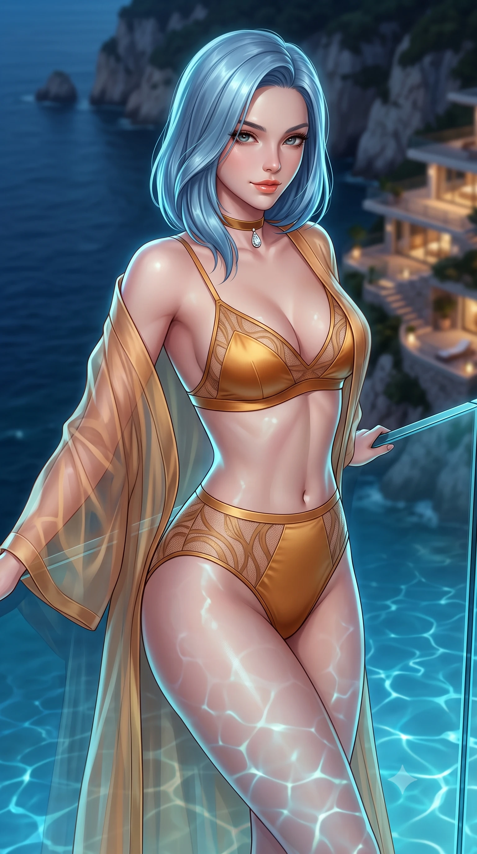 score_9, masterpiece, best quality, ultra-detailed, high-budget anime keyframe, semi-realistic 3D game render, editorial fashion photography, tasteful artistic composition, Korean woman. close-up cowboy shot from the waist and thighs up, the character dominates the composition, filling the frame with her large presence. turning slowly with an enchanting smoldering smile, her dewy hair brushing bare shoulders as her hips angle gracefully in a captivating contrapposto while leaning against the infinity glass pool wall cantilevered over the ocean with hips cocked back, looking back with an intoxicating, smoldering bedroom-smile. The background shows a soft-focus limestone cliff edges and cliffside villa terraces softened in magical coastal midnight shallow focus. She has an exceptionally elegant, slender, and willowy female figure with an ultra-slim waist, flat toned midriff, narrow ribcage, and sculpted feminine hips creating an alluring, slim hourglass silhouette without bulk. sharp v-shaped jawline, high-bridge nose, sparkling eyes with hypnotic seductive depth, thick curled eyelashes, glossy parted lips with a natural dewy peach sheen, alluring bedroom-eyes with an enchanting coquettish smile, exuding magnetic siren charisma and sophisticated high-fashion glamour, flawlessly proportioned anatomical accuracy, strict slender model proportions, natural body alignment, perfectly sculpted long slender limbs, ultra-slim waistline, clean dynamic posture without body distortion. wearing a sheer organza kimono robe worn loose and slipping off bare shoulders over a matching satin bralette and high-waisted briefs in warm amber honey and antique gold leaf, made of semi-opaque stretch illusion mesh with soft shadowy contours, finished with a thin velvet ribbon choker and a single teardrop diamond pendant, the precision-cut side openings and low-back scoop framing her graceful spine and the sensual sweep of her slim, toned hips. illuminated by aquatic caustic bounce and sharp platinum-cyan rim lights sculpting her jawline, narrow waist, and curvy hips. highly saturated vibrant anime colors, detailed shading with soft gradients, rich glossy textures, high-contrast stereoscopic depth, volumetric dynamic lighting, master piece, 9:16 ratio
