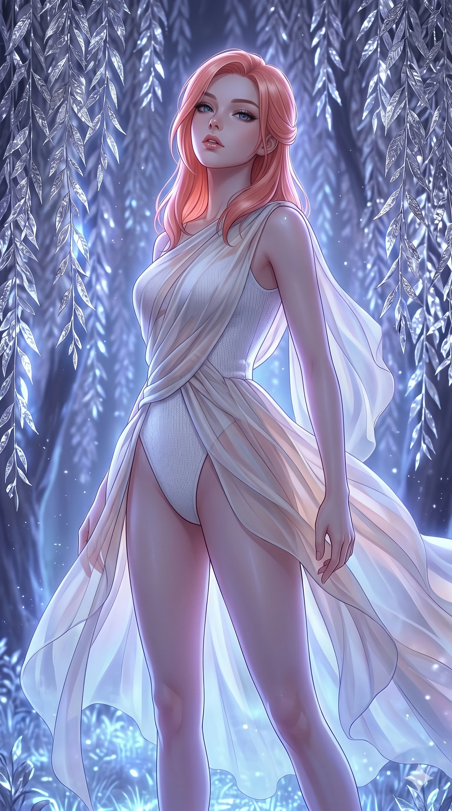 score_9, masterpiece, best quality, ultra-detailed, high-budget anime keyframe, editorial fashion photography, tasteful artistic composition, Japanese woman. cowboy shot from the thighs up, character and outfit filling the frame for maximum editorial presence. Tilting her chin up slightly with lips parted in a composed expression within a glowing forest of metallic weeping willows with leaves made of silver foil. She has an absolutely perfect 8-heads proportion, an exceptionally tall and slender female figure with impossibly long slender legs and an ultra-slim waist. V-shaped jawline, high-bridge nose, intricate jewel-like eyes with depth, thick eyelashes, glossy lips with a natural sheen. wearing a fitted white knit bodysuit layered under an asymmetric draped overlay of translucent chiffon that flows dynamically with her movement. bathed in cool ethereal blue-violet bioluminescent glow that highlights her form from all sides. 2k, ultra detail, master piece, 9:16 ratio