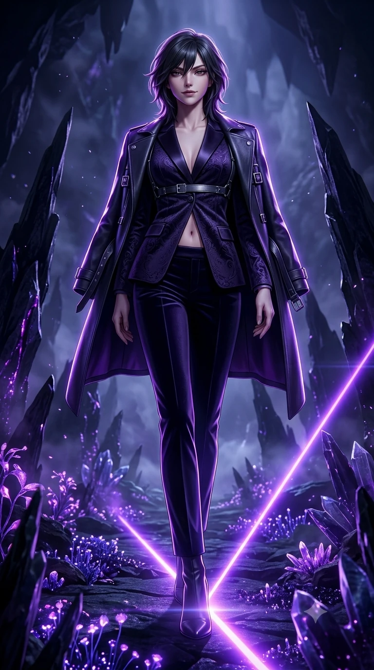 score_9, masterpiece, best quality, ultra-detailed, high-budget anime keyframe, semi-realistic 3D game render, editorial fashion photography, tasteful artistic composition, Caucasian woman. low angle full-body shot from head to toe showing her feet, filling the entire 9:16 vertical frame with her statuesque presence, stretching her vertical silhouette. stepping forward into the sharp laser beam, her long slender legs and curvy hips creating a sweeping vertical line while twisting her slender torso in an alluring S-curve between jagged obsidian spires, purple bioluminescence illuminating her flat midriff and hips. The surrounding environment is rendered in vivid detail and crisp panoramic clarity: detailed structured dark leather coat drape, titanium buckle clasps, and geometric mineral formations in razor-sharp precision. She has an absolutely perfect, statuesque 8.5-heads proportion, an exceptionally tall and slender model-like female figure with impossibly long slender legs, an ultra-slim waist, a flat toned midriff, narrow delicate ribcage, and beautifully sculpted feminine hips creating a graceful, slim hourglass silhouette without any bulky heaviness. sharp v-shaped jawline, high-bridge nose, intricate jewel-like dark sparkling eyes with hypnotic seductive depth, thick curled eyelashes, glossy parted lips with a natural wine sheen, alluring bedroom-eyes with an enigmatic smoldering smile, exuding magnetic sovereign charisma and dark avant-garde glamour, flawlessly proportioned anatomical accuracy, strict slender model proportions, natural body alignment, perfectly sculpted long slender limbs, ultra-slim waistline, clean dynamic posture without body distortion. wearing a refined dark velvet pantsuit with satin lapels and tailored cigarette trousers in iridescent dark violet taffeta and midnight indigo, tailored from rich silk jacquard with subtle embossed baroque patterns, highlighted by a gunmetal metallic harness structure, the bespoke structured tailoring following the natural line of her 8.5-heads silhouette with refined elegance. illuminated by crystalline floor bounce and sharp amethyst-violet rim lights defining her razor-sharp jawline, narrow waist, and curvy hips. highly saturated vibrant anime colors, detailed shading with soft gradients, rich glossy textures, high-contrast stereoscopic depth, volumetric dynamic lighting, master piece, 9:16 ratio