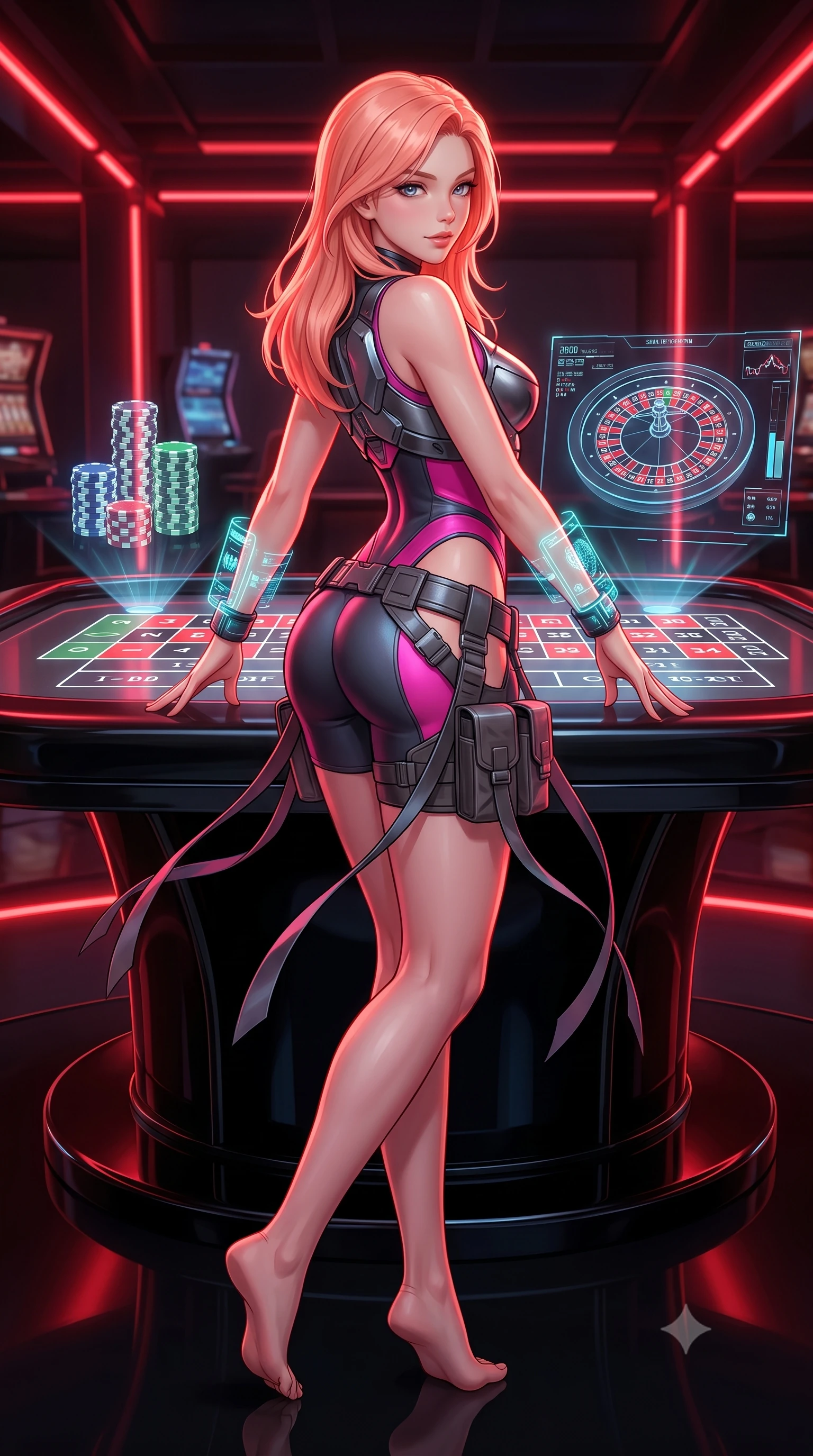 score_9, masterpiece, best quality, ultra-detailed, high-budget anime keyframe, semi-realistic 3D game render, editorial fashion photography, tasteful artistic composition, Japanese woman. low angle full-body shot from head to toe showing her feet, filling the entire 9:16 vertical frame with her statuesque presence, stretching her vertical silhouette. executing a cheerful mid-motion pivot turn as her tactical belt and ribbons flutter around her slender legs, glancing over her shoulder with an intoxicating, teasing bedroom-gaze while leaning over the glossy black hologram roulette table with hips cocked back, arching her spine with dangerous seductive glamour. The surrounding environment is rendered in vivid detail and crisp panoramic clarity: sharp holographic chip stack projections, polished black lacquer table reflections, and red neon tube clarity in deep focus. She has an absolutely perfect, statuesque 8.5-heads proportion, an exceptionally tall and slender model-like female figure with impossibly long slender legs, an ultra-slim waist, a flat toned midriff, narrow delicate ribcage, and beautifully sculpted feminine hips creating a graceful, slim hourglass silhouette without any bulky heaviness. sharp v-shaped jawline, high-bridge nose, intricate jewel-like sparkling eyes with depth, thick eyelashes, glossy parted lips with a natural sheen, bright confident smile with an enchanting and coquettish sensual glint, exuding both youthful magnetic charm and sovereign high-tech allure, flawlessly proportioned anatomical accuracy, strict slender model proportions, natural body alignment, perfectly sculpted long slender limbs, ultra-slim waistline, clean dynamic posture without body distortion. wearing a sculpted titanium-alloy breastplate bodice worn over an ultra-tight matte stretch bodysuit with side hip cutouts in deep titanium gunmetal and radiant magenta neon, formed from supple thermal silicone composite adhering seamlessly like a second skin, featuring sleek glowing cyan HUD display wrist cuffs with floating data telemetry, the high-waisted tailoring accentuating her ultra-slim waistline and the enchanting curve of her feminine hips with alluring dark charm. illuminated by glowing table surfaces and sharp scarlet rim lights carving her sculpted collarbones, ultra-slim waist, and curvy hips. highly saturated vibrant anime colors, detailed shading with soft gradients, rich glossy textures, high-contrast stereoscopic depth, volumetric dynamic lighting, master piece, 9:16 ratio