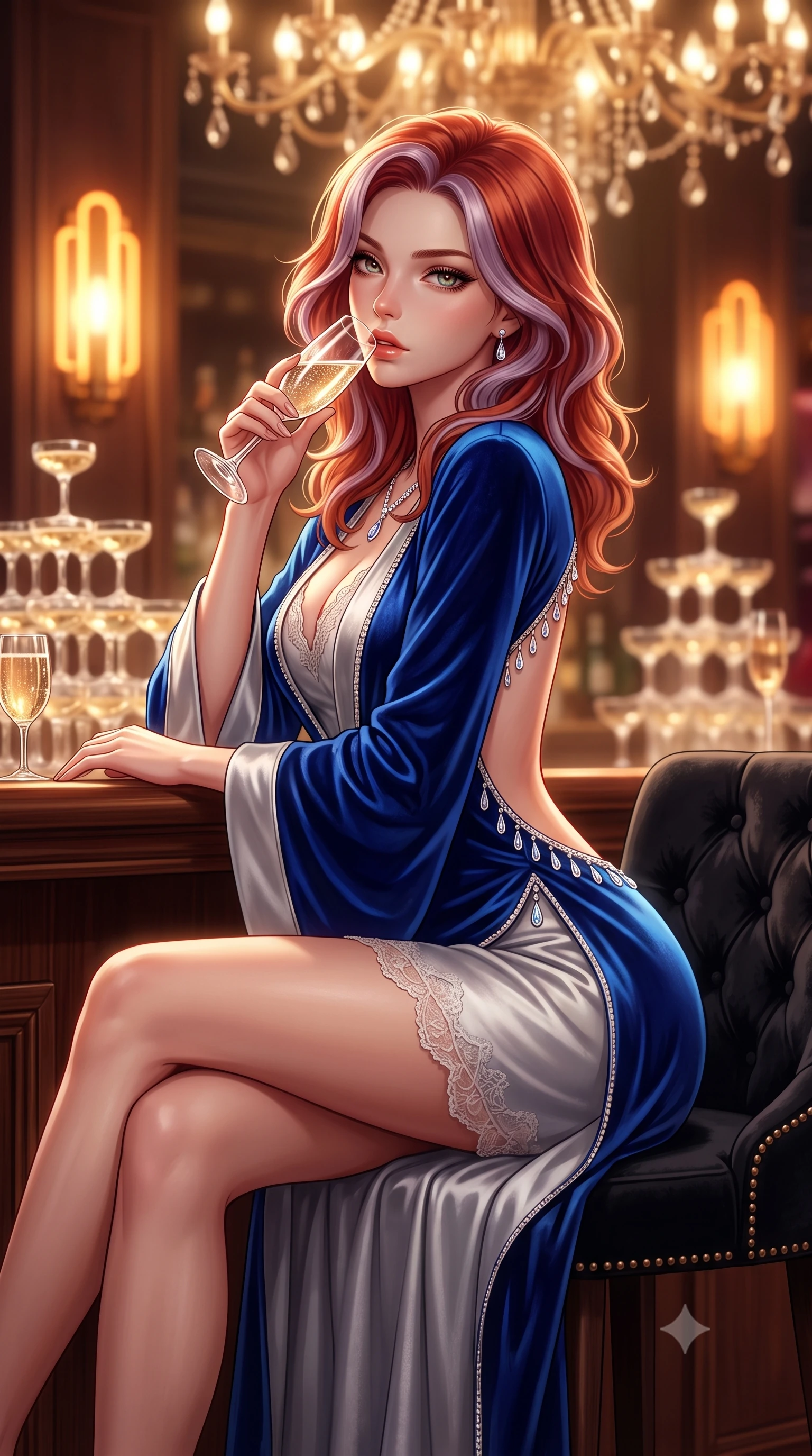 score_9, masterpiece, best quality, ultra-detailed, high-budget anime keyframe, semi-realistic 3D game render, editorial fashion photography, tasteful artistic composition, Caucasian woman. close-up cowboy shot from the waist and thighs up, the character dominates the composition, filling the frame with her large presence. leaning forward against the polished railing with her hips cocked back, creating an intoxicating curve from her narrow waist to sculpted hips as she gazes back into the lens while sitting high on a tufted black velvet barstool with legs crossed, arching her lower back while holding a crystal champagne flute to her lips. The composition keeps background elements in soft focus with creamy bokeh. towering crystal champagne pyramids and glowing art-deco wall sconces blurred into warm champagne, whiskey-gold, and ruby bokeh. She has an exceptionally elegant, slender, and willowy female figure with an ultra-slim waist, a gracefully sculpted slender torso, toned flat midriff, and rounded feminine hips creating an alluring hourglass silhouette. sharp v-shaped jawline, high-bridge nose, intricate jewel-like eyes with depth, thick eyelashes, glossy parted lips with a natural sheen, intensely captivating and seductive bedroom-eyes expression, flawlessly proportioned anatomical accuracy, strict slender model proportions, natural body alignment, perfectly sculpted long slender limbs, ultra-slim waistline, clean dynamic posture without body distortion. wearing a delicate lace-trimmed slip dress layered with a sweeping silk velvet robe in royal sapphire blue and platinum silver, crafted from second-skin supple lambskin leather with liquid drape, accented with delicate crystal teardrop pendants outlining the plunging neckline, the precision-cut side openings and low-back scoop framing her graceful spine and the sensual sweep of her hips. bathed in warm incandescent chandelier warmth and vintage amber neon glow. highly saturated vibrant anime colors, detailed shading with soft gradients, rich glossy textures, high-contrast stereoscopic depth, volumetric dynamic lighting, master piece, 9:16 ratio