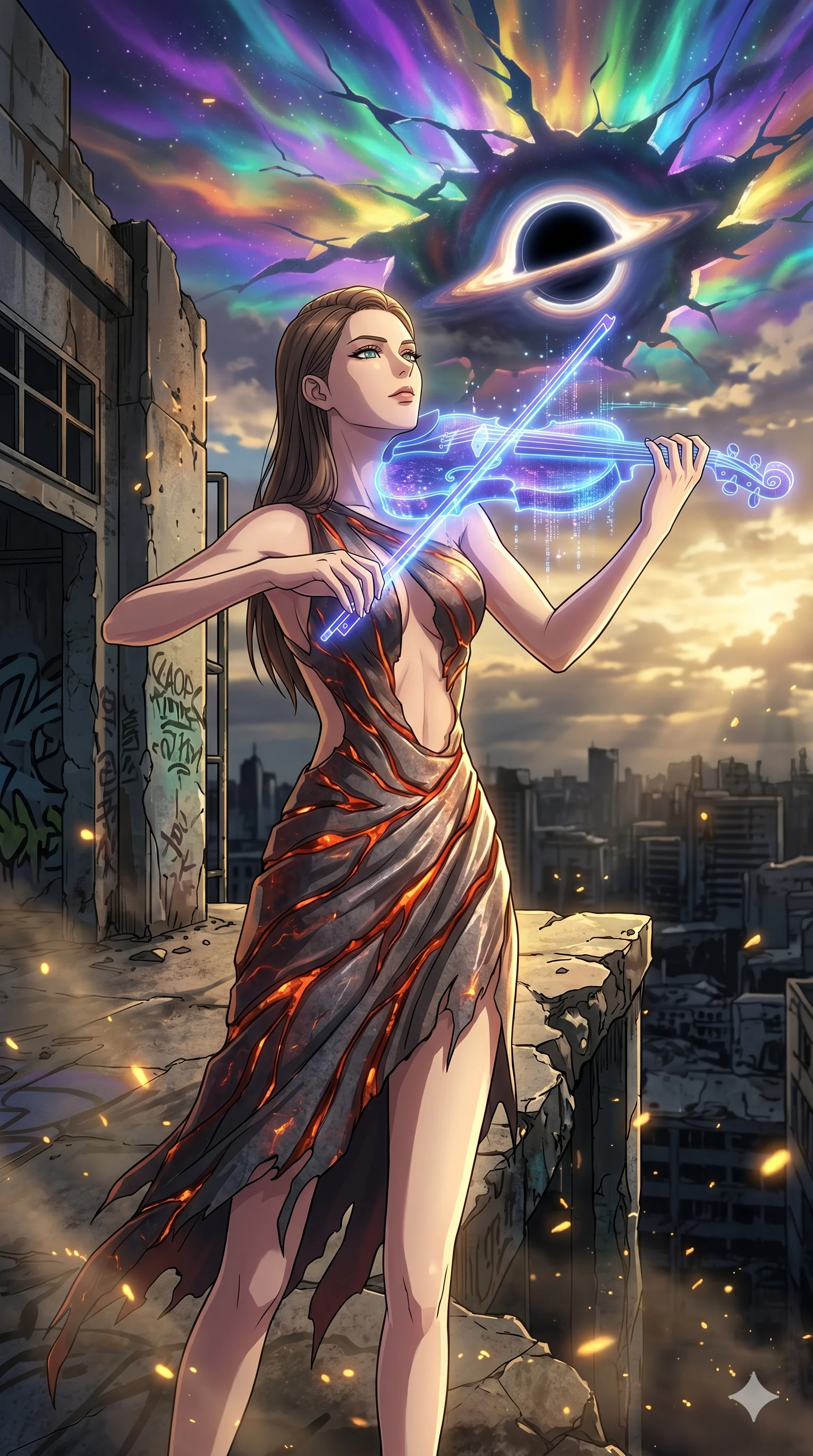 score_9, masterpiece, best quality, ultra-detailed, Set A: High-budget Anime Keyframe, Caucasian (human ears) woman. Upper body close-up from the thighs up, character filling the screen for maximum presence. Theme: Urban Decay. playing a holographic violin in the edge of a black hole, with a look of serene power as the sky splits into 178 colors. The atmosphere is filled with golden hour with floating embers. She has an absolutely perfect 8-heads proportion, an exceptionally tall and slender female figure with impossibly long slender legs and an ultra-slim waist. Sharp v-shaped jawline, high-bridge nose, intricate jewel-like eyes with depth, glossy lips. Wearing Lava-textured metallic dress that glows with an internal fire, featuring an open back. Cinematic lighting, vivid colors, dramatic shadows, 2k, ultra detail, master piece, 9:16 ratio