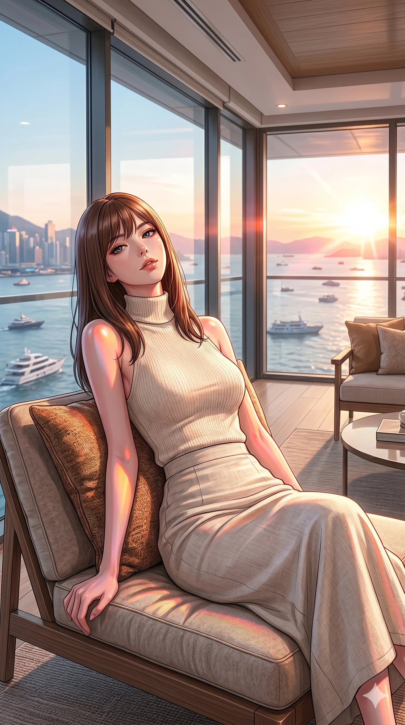 score_9, masterpiece, best quality, ultra-detailed, high-budget anime keyframe, editorial fashion photography, tasteful artistic composition, Korean woman. cowboy shot from the thighs up, character and outfit filling the frame for maximum editorial presence. leaning back on a resort lounge chair, tilting her chin up with a relaxed, composed expression inside a modern penthouse living room with views of the sunny harbor (Code-P19-062). She has an absolutely perfect 8-heads proportion, an exceptionally tall and slender female figure with impossibly long slender legs and an ultra-slim waist. V-shaped jawline, high-bridge nose, intricate jewel-like eyes with depth, thick eyelashes, glossy lips with a natural sheen. wearing a high-neck knit top in cream paired with a long structured linen skirt. vibrant sunset colors casting colorful specular highlights on her skin. 2k, ultra detail, master piece, 9:16 ratio