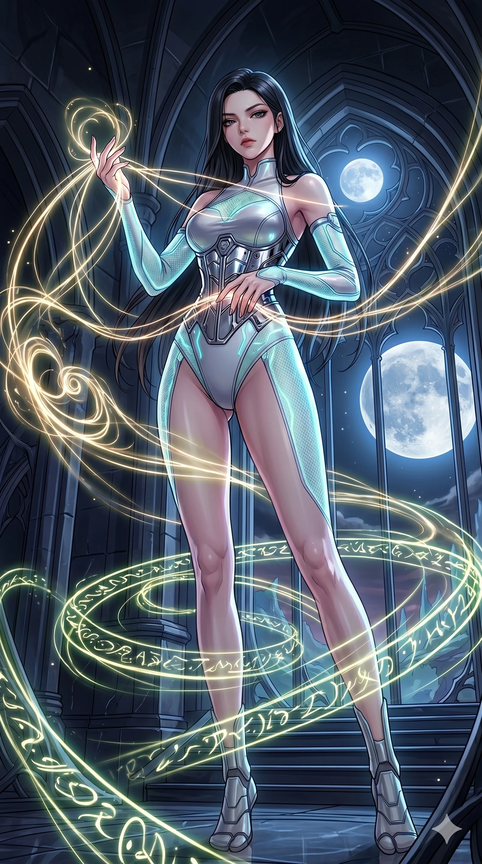 score_9, masterpiece, best quality, ultra-detailed, high-budget anime movie keyframe, cinematic anime lighting, intricate line art, Korean woman. Low angle cowboy shot filling the entire 9:16 frame with her statuesque presence. weaving threads of light in a gothic obsidian tower under a twin-moon sky. She has an absolutely perfect 8-heads proportion, an exceptionally tall and slender female figure with an ultra-slim waist and impossibly long slender legs. sharp v-shaped jawline, high-bridge nose, intricate jewel-like eyes, thick eyelashes, glossy lips. Wearing asymmetrical high-cut tech-bodysuit with detached glowing sleeves, chrome-plated mechanical corset, and bioluminescent mesh panels clinging to her slender figure. The scene is illuminated by dramatic atmospheric lighting and vibrant color palettes. , 2k, ultra detail, master piece, 9:16 ratio