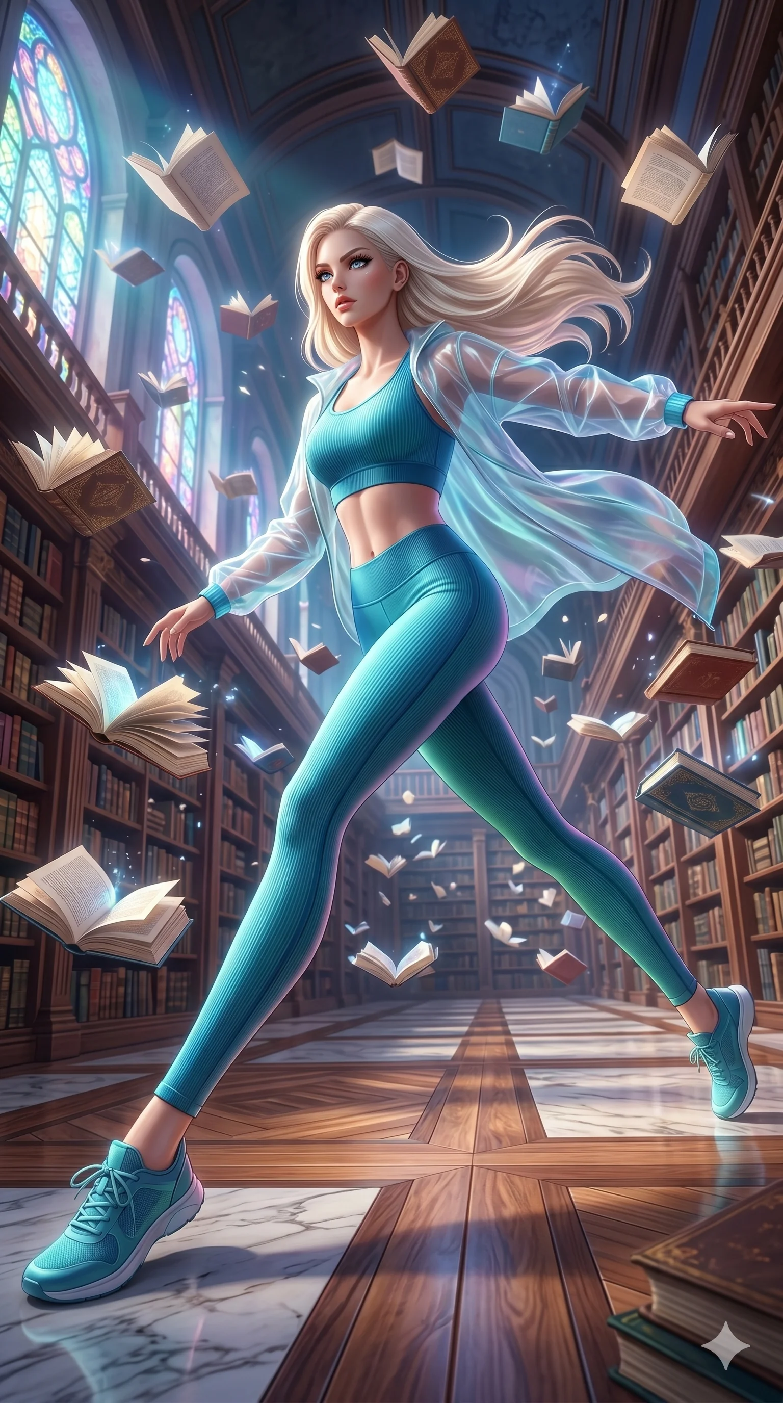 score_9, masterpiece, best quality, ultra-detailed, semi-realistic 3D game render, high-fidelity textures, Unreal Engine 5 style, Caucasian (strictly human ears) woman. Dynamic full-body shot stretching the vertical silhouette with extreme perspective. lunging across a library where books are flying like birds. She has an absolutely perfect 8-heads proportion, an exceptionally tall and slender female figure with an ultra-slim waist and impossibly long slender legs. strictly human anatomy, two legs only, no extra limbs, clearly defined legs and arms, perfect anatomy, perfect hands and fingers. sharp v-shaped jawline, high-bridge nose, intricate jewel-like eyes, thick eyelashes, glossy lips. Wearing Premium Athleisure: Ribbed sports bra and leggings set, sheer windbreaker, and sleek high-performance activewear. The scene is illuminated by dramatic atmospheric lighting and vibrant color palettes. , 2k, ultra detail, master piece, 9:16 ratio
