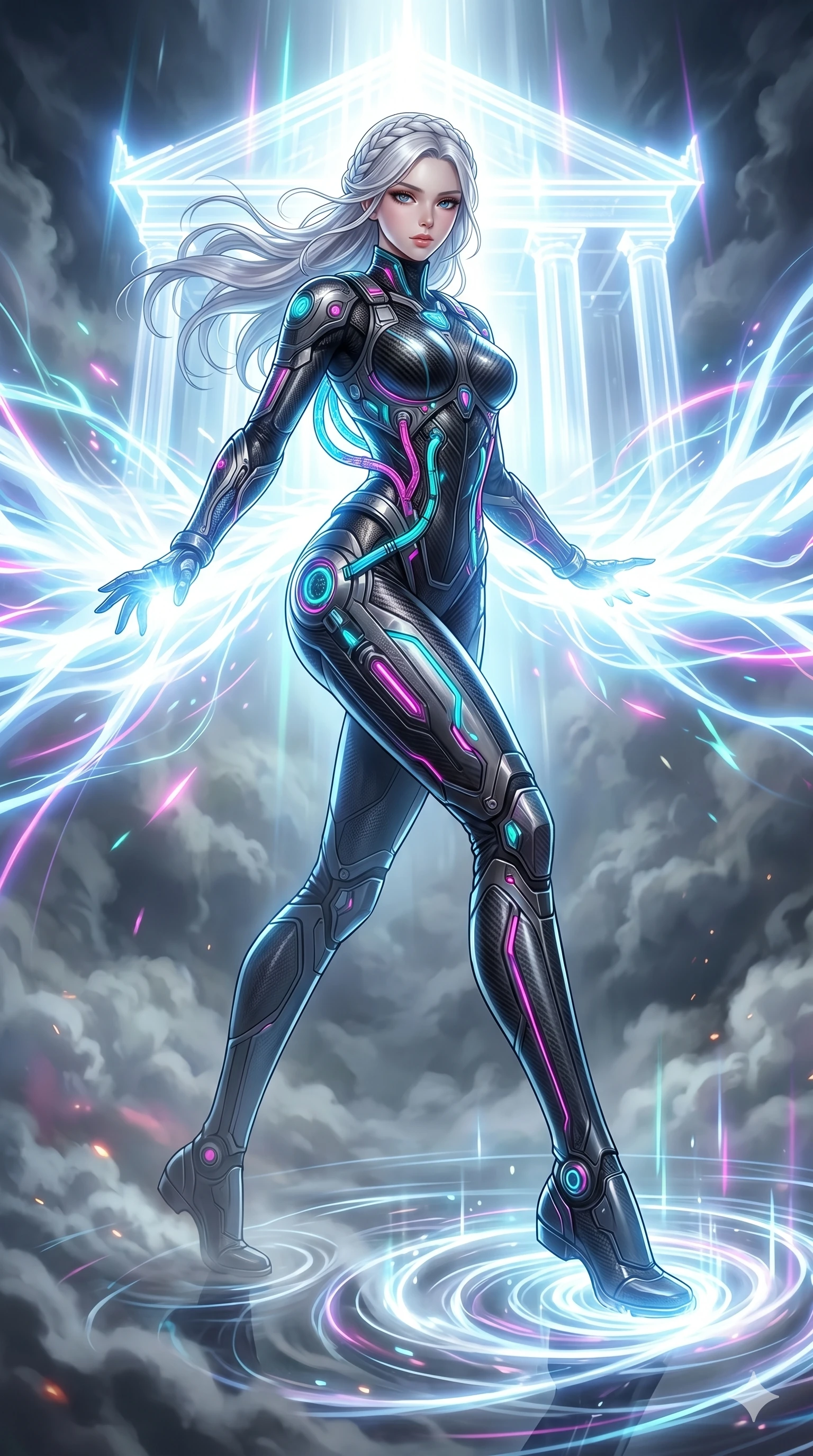 score_9, masterpiece, best quality, ultra-detailed, Set A: High-budget Anime Keyframe, Korean woman. Low angle cowboy shot filling the entire 9:16 frame with her statuesque presence. Theme: Ethereal Dream. unleashing a massive energy wave in a temple made of solid light, as she steps on ripples of time that distort the space 91. The atmosphere is filled with heavy smog with neon flares. She has an absolutely perfect 8-heads proportion, an exceptionally tall and slender female figure with impossibly long slender legs and an ultra-slim waist. Sharp v-shaped jawline, high-bridge nose, intricate jewel-like eyes with depth, glossy lips. Wearing Interstellar pilot suit with glowing oxygen-tubes and a sleek carbon-fiber frame. Cinematic lighting, vivid colors, dramatic shadows, 2k, ultra detail, master piece, 9:16 ratio