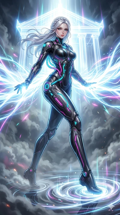 score_9, masterpiece, best quality, ultra-detailed, Set A: High-budget Anime Keyframe, Korean woman. Low angle cowboy shot filling the entire 9:16 frame with her statuesque presence. Theme: Ethereal Dream. unleashing a massive energy wave in a temple