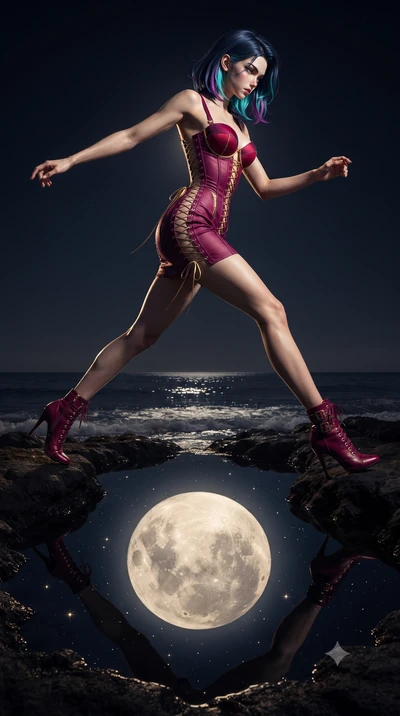 score_9, masterpiece, best quality, ultra-detailed, high-budget anime keyframe, editorial fashion photography, tasteful artistic composition, Caucasian woman, strictly human ears. low angle full-body shot from head to toe showing her feet, filling th