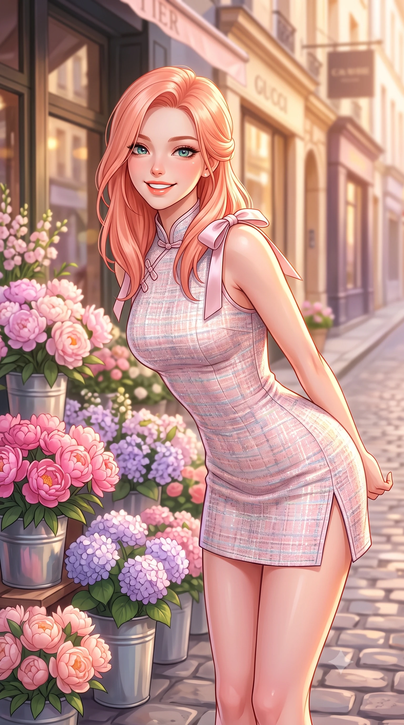 score_9, masterpiece, best quality, ultra-detailed, high-budget anime keyframe, semi-realistic 3D game render, editorial fashion photography, tasteful artistic composition, Japanese woman. close-up cowboy shot from the waist and thighs up, the character dominates the composition, filling the frame with her large presence. leaning forward with playful cute grace while arching her lower back to accentuate her curvy hips, looking into the camera with a bright cheerful smile and alluring coquettish bedroom-eyes while pausing beside an outdoor Parisian-style flower stall on the sloping cobblestone alley, arching her back with a bright, charming smile. The composition keeps background elements in soft focus with dreamy creamy bokeh. vibrant peony and hydrangea flower buckets and chic designer storefronts blurred into pastel pink, lavender, and champagne bokeh. She has an exceptionally elegant, slender, and willowy female figure with an ultra-slim waist, flat toned midriff, narrow ribcage, and sculpted feminine hips creating an alluring, slim hourglass silhouette without bulk. sharp v-shaped jawline, high-bridge nose, intricate jewel-like sparkling eyes with depth, thick eyelashes, glossy parted lips with a natural peach sheen, bright cheerful beaming smile with an enchanting and coquettish sensual glint, exuding both youthful cute charm and seductive allure, flawlessly proportioned anatomical accuracy, strict slender model proportions, natural body alignment, perfectly sculpted long slender limbs, ultra-slim waistline, clean dynamic posture without body distortion. wearing a modern cute qipao mini dress with double side slits ascending to the hip in pastel floral silk in cherry blossom pink and soft rose gold, tailored from soft pastel tweed with subtle metallic shimmer, finished with cute satin bow ribbons tying at the shoulders, the glove-like silhouette tightly following the natural contour of her hips and long slender legs with youthful 8.5-heads elegance. bathed in glorious golden hour afternoon sunlight reflecting off warm stone facades. highly saturated vibrant anime colors, detailed shading with soft gradients, rich glossy textures, high-contrast stereoscopic depth, volumetric dynamic lighting, master piece, 9:16 ratio