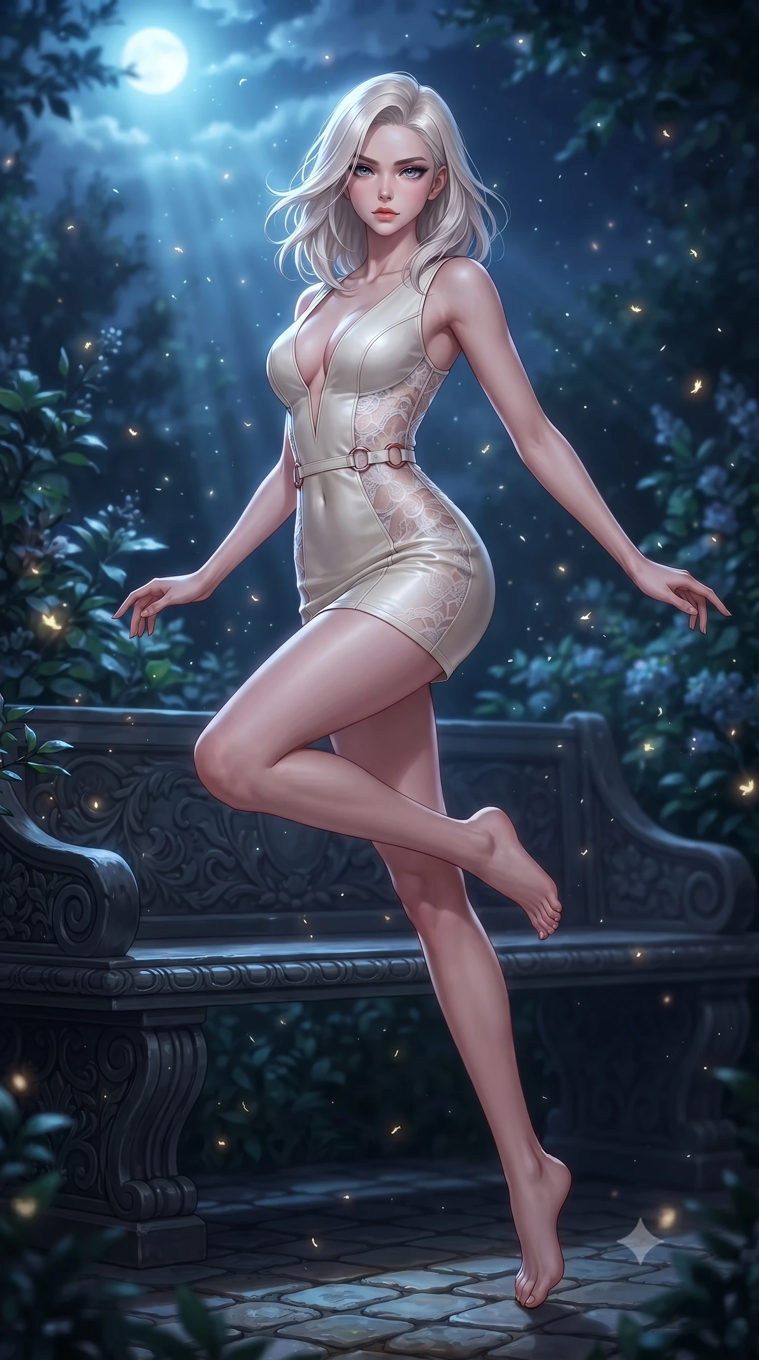 score_9, masterpiece, best quality, ultra-detailed, high-budget anime keyframe, editorial fashion photography, tasteful artistic composition, Caucasian woman. low angle full-body shot from head to toe showing her feet, filling the entire 9:16 vertical frame with her statuesque presence, stretching her vertical silhouette. leaping dynamically through the luminous sky, her posture full of power and elegance, resting on a stone garden bench surrounded by floating bioluminescent pollen, fine glowing pollen particles drifting silently through the cool night air. She has an absolutely perfect, statuesque 8.5-heads proportion, an exceptionally tall and slender model-like female figure with impossibly long slender legs and an ultra-slim waist. sharp v-shaped jawline, high-bridge nose, intricate jewel-like eyes with depth, thick eyelashes, glossy lips with a natural sheen. wearing deep V-neck corset bodice mini dress with sheer white lace panels in radiant platinum, made of polished ivory leather, trimmed with rose-gold ring hardware along the waist contours, highlighting her statuesque proportions and ultra-slim waistline. lit by quiet moonlit key rays piercing through dark garden foliage. highly saturated vibrant anime colors, detailed shading with soft gradients, rich glossy textures, high-contrast stereoscopic depth, volumetric dynamic lighting, master piece, 9:16 ratio