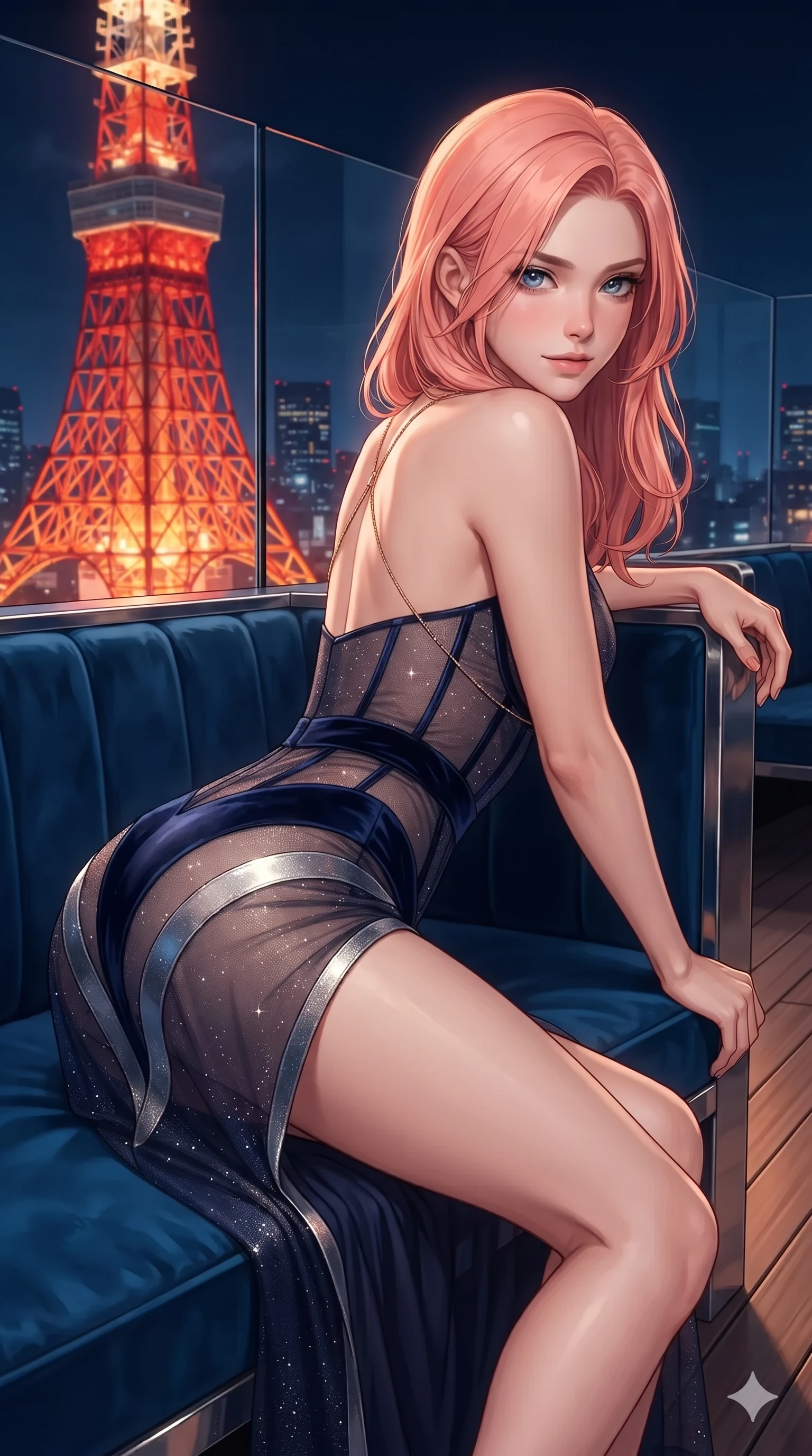 score_9, masterpiece, best quality, ultra-detailed, high-budget anime keyframe, editorial fashion photography, tasteful artistic composition, Japanese woman. close-up cowboy shot from the waist and thighs up, the character dominates the composition, filling the frame with her large presence. posing in an alluring rear three-quarter angle, turning over a bare shoulder with an intoxicating, smoldering gaze, her hips cocked back to highlight her slim hourglass curve while reclining languidly across the velvet banquette with one knee bent and hips angled toward the camera, displaying her toned midriff and long slender limbs. The surrounding environment is rendered in vivid detail and crisp panoramic clarity: sharp seamless structural glass parapet seams, teak decking plank grain, and Tokyo Tower lattice steel precision in deep focus. She has an exceptionally elegant, slender, and willowy female figure with an ultra-slim waist, flat toned midriff, narrow ribcage, and sculpted feminine hips creating an alluring, slim hourglass silhouette without bulk. sharp v-shaped jawline, high-bridge nose, intricate jewel-like dark sparkling eyes with dangerous depth, thick curled eyelashes, glossy parted lips with a rich wine sheen, smoldering seductive half-smile with bedroom-eyes, exuding effortless superiority and intoxicating dark allure, flawlessly proportioned anatomical accuracy, strict slender model proportions, natural body alignment, perfectly sculpted long slender limbs, ultra-slim waistline, clean dynamic posture without body distortion. wearing a sheer-illusion mesh corset gown with strategic opaque velvet panels framing her waist and hips in midnight sapphire navy and chrome silver, woven from metallic lurex thread casting subtle starlight glints across the fabric, accented with a gold body chain harness subtly framing her dewy collarbones and spine, the form-contouring cut accentuating her sculpted flat midriff, narrow delicate ribcage, and gracefully curvy hips with intoxicating allure. bathed in the warm radiant scarlet and orange glow of Tokyo Tower contrasted with deep midnight navy skies. ultra-reflective glossy finish, specular highlights, rich textural contrasts, high-contrast stereoscopic depth, volumetric dynamic lighting, 2k, ultra detail, master piece, 9:16 ratio