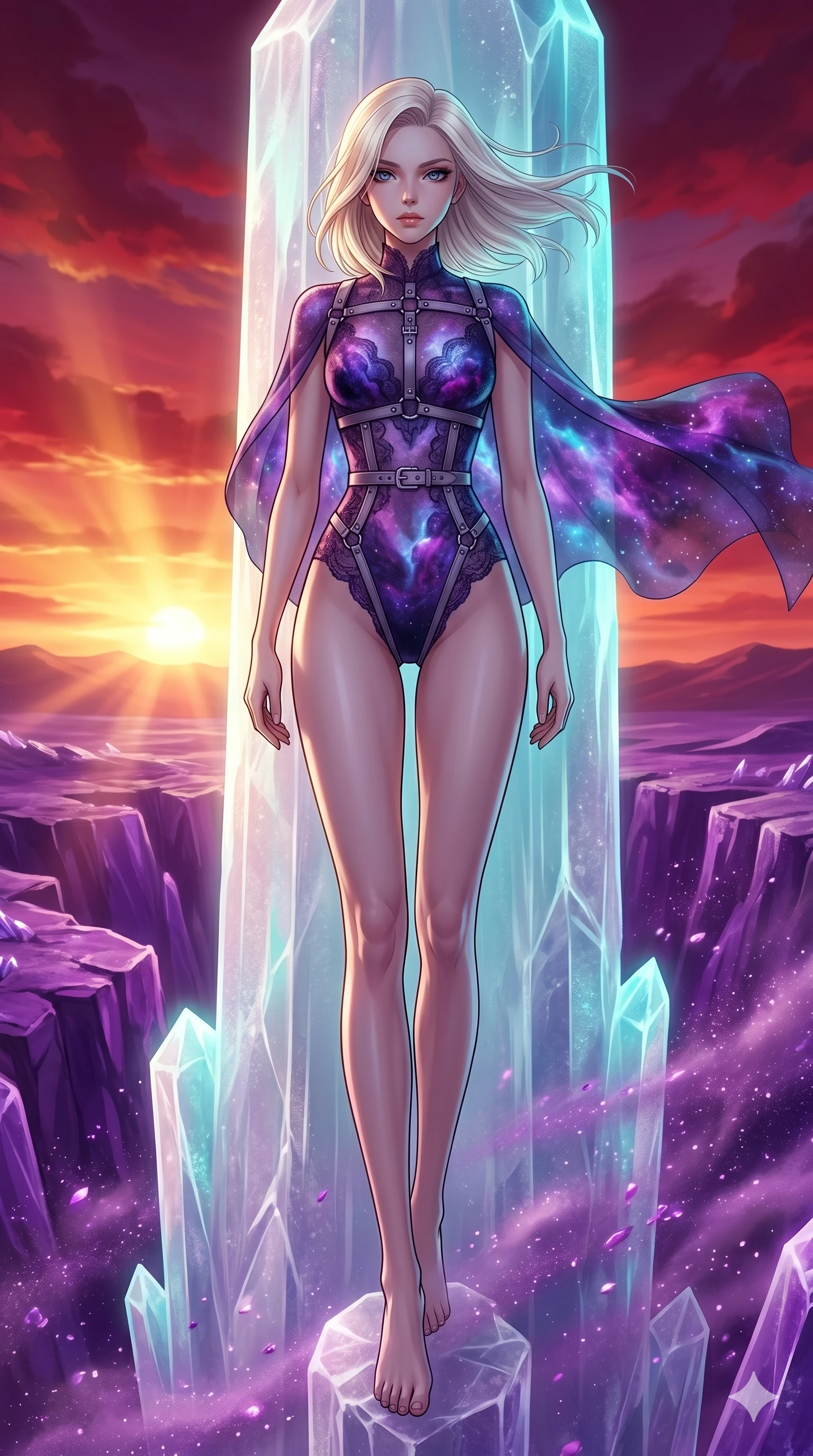 score_9, masterpiece, best quality, ultra-detailed, high-budget anime keyframe, Japanese woman. low angle full-body shot filling the entire 9:16 frame with her statuesque presence, stretching the vertical silhouette. standing atop a translucent salt crystal tower in a purple crystalline desert as winds blow shimmering purple dust under a crimson sunset. She has an absolutely perfect 8-heads proportion, an exceptionally tall and slender female figure with impossibly long slender legs and an ultra-slim waist. V-shaped jawline, high-bridge nose, intricate jewel-like eyes with depth, thick eyelashes, glossy lips with a natural sheen.. wearing a gothic nebula lace bodysuit, featuring a semi-opaque sculptural lace bodysuit with cosmic nebula patterns, reinforced by matte leather straps. showcasing a beautiful play of light and shadow, with warm golden rays clashing against cool cyan highlights. 2k, ultra detail, master piece, 9:16 ratio
