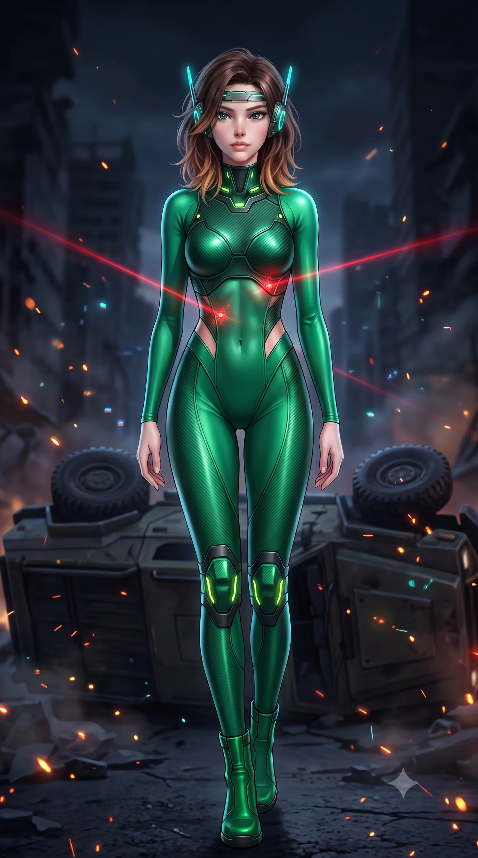 score_9, masterpiece, best quality, ultra-detailed, high-budget anime keyframe, semi-realistic 3D game render, editorial fashion photography, tasteful artistic composition, Korean woman. low angle full-body shot from head to toe showing her feet, filling the entire 9:16 vertical frame with her statuesque presence, stretching her vertical silhouette. striding forward with sovereign warrior elegance in a low, predatory combat advance through the ruins, hips swaying with fierce athletic poise while pivoting dynamically across overturned armored transports as red laser targeting sights sweep across her athletic torso. The composition keeps background elements in soft focus with creamy bokeh. drifting fire embers and holographic HUD motes scattering radiant glints across a dark urban warzone. She has an absolutely perfect, statuesque 8.5-heads proportion, an exceptionally tall and slender model-like female figure with impossibly long slender legs, a toned flat midriff, and an ultra-slim waist. sharp v-shaped jawline, high-bridge nose, intricate jewel-like eyes with depth, thick eyelashes, glossy lips with a natural sheen, fierce and resolute heroine expression, flawlessly proportioned anatomical accuracy, strict slender model proportions, natural body alignment, perfectly sculpted long slender limbs, ultra-slim waistline, clean dynamic posture without body distortion. wearing a lightweight carbon-fiber tactical sensory headpiece with glowing cyan ear-antennae and an ultra-thin forehead HUD brow-band, paired with a form-contouring high-mobility battle-suit featuring sculpted carbon chest plating, diagonal midriff ventilation cutouts, and kinetic knee vambraces in toxic emerald green carbon composite with glowing lime warning channels, made of liquid carbon-jersey fabric accentuating every curve of her tall, slender model proportions, featuring a sleek aerodynamic collar framed by subtle glowing cybernetic status LEDs, the glove-like aerodynamic second-skin fit tightly clinging to her ultra-slender waist and athletic curves without adding bulk, accentuating her razor-sharp statuesque lines and slim hourglass silhouette. surrounded by a rebellious, passionate, and fiercely alluring dystopian freedom-fighter aura. rich saturated anime colors with glowing neon highlights, detailed shading with soft gradients, rich glossy textures, high-contrast stereoscopic depth, volumetric dynamic lighting, master piece, 9:16 ratio
