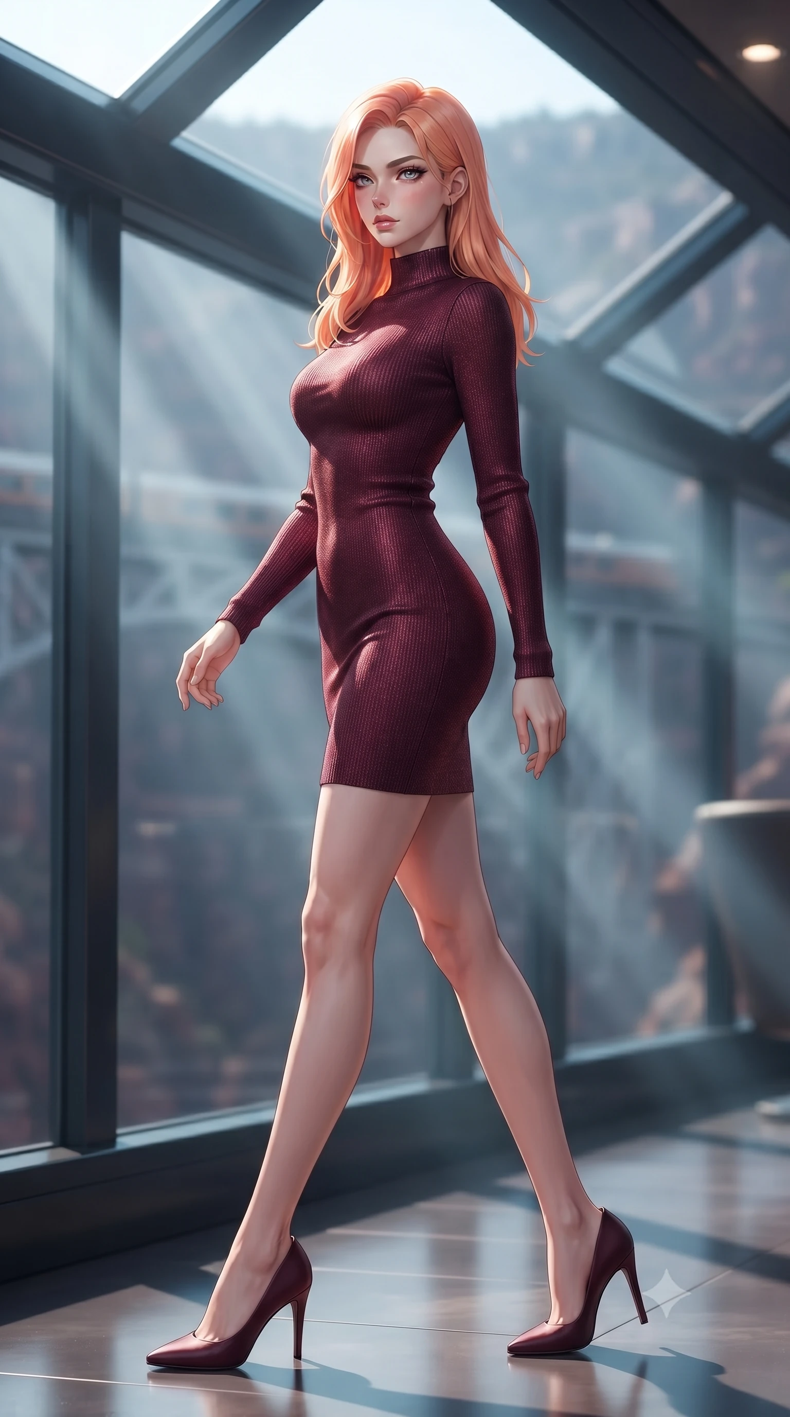 score_9, masterpiece, best quality, ultra-detailed, high-budget anime keyframe, editorial fashion photography, tasteful artistic composition, Japanese woman. low angle full-body shot from head to toe showing her feet, filling the entire 9:16 vertical frame with her statuesque presence, stretching her vertical silhouette. stepping gracefully while looking back over her shoulder, her dress draped tightly to reveal her silhouette the background shows a soft-focus the upper deck lounge of a double-decker scenic train crossing a canyon bridge. She has an absolutely perfect, statuesque 8.5-heads proportion, an exceptionally tall and slender model-like female figure with impossibly long slender legs and an ultra-slim waist. sharp v-shaped jawline, high-bridge nose, intricate jewel-like eyes with depth, thick eyelashes, glossy lips with a natural sheen. wearing a slim-fit form-contouring bodycon sweater dress in deep burgundy, featuring a snug mock-neck. volumetric sunbeams slicing through the glass panels, creating dramatic light rays. ultra-reflective glossy finish, specular highlights, metallic sheen, high-contrast stereoscopic depth, volumetric dynamic lighting, 2k, ultra detail, master piece, 9:16 ratio