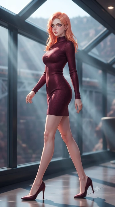 score_9, masterpiece, best quality, ultra-detailed, high-budget anime keyframe, editorial fashion photography, tasteful artistic composition, Japanese woman. low angle full-body shot from head to toe showing her feet, filling the entire 9:16 vertical