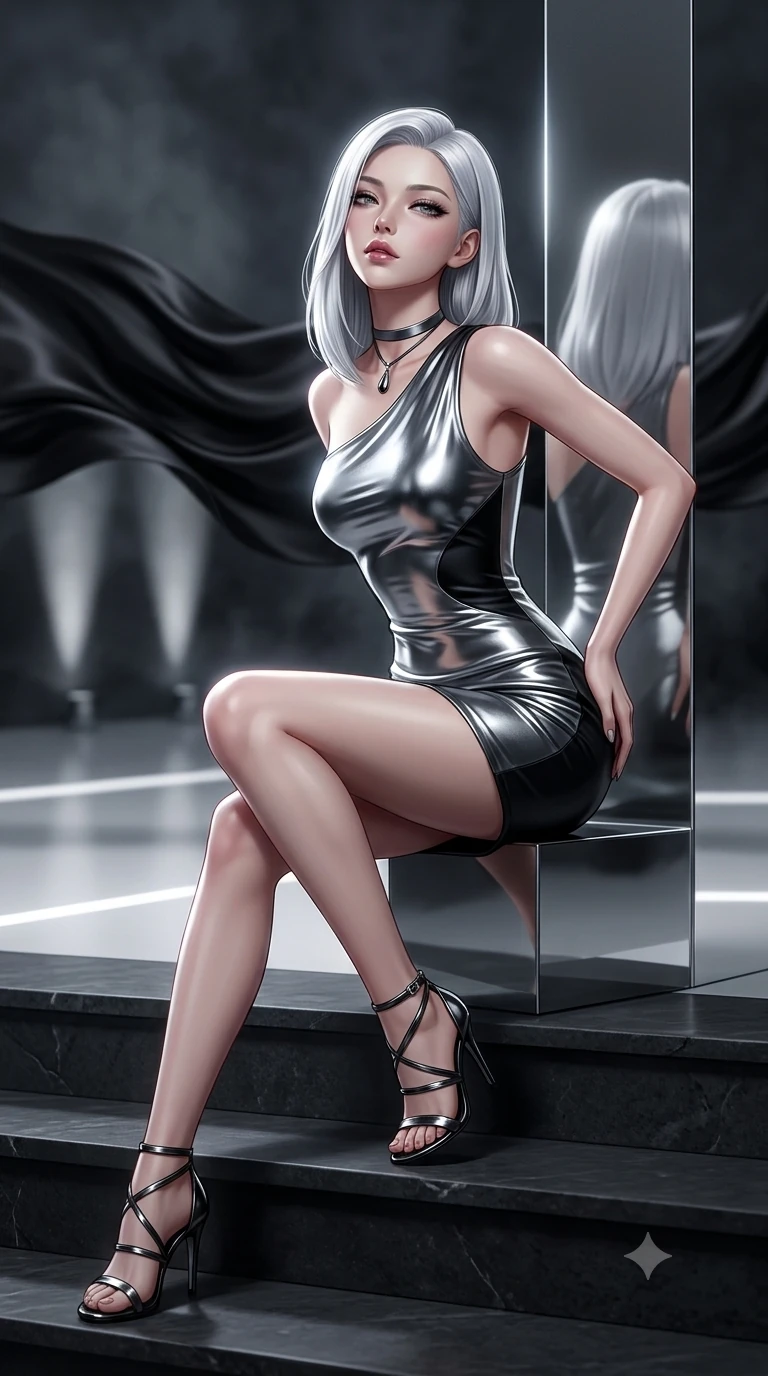 score_9, masterpiece, best quality, ultra-detailed, high-budget anime keyframe, semi-realistic 3D game render, editorial fashion photography, tasteful artistic composition, Korean woman. low angle full-body shot from head to toe showing her feet, filling the entire 9:16 vertical frame with her statuesque presence, stretching her vertical silhouette. sitting poised on the dark stone steps with one knee bent, arching her spine with supermodel elegance as she glances upward through thick eyelashes while leaning back against the mirror-finish gallery pylon with hips cocked back, casting an intoxicating, sultry bedroom-gaze over her shoulder. The background shows a soft-focus undulating black silk fabric waves suspended in mid-air, distant architectural spotlight cones, and white floor lines blurred into smoky charcoal and obsidian bokeh. She has an absolutely perfect, statuesque 8.5-heads proportion, an exceptionally tall and slender model-like female figure with impossibly long slender legs, an ultra-slim waist, a flat toned midriff, narrow delicate ribcage, and beautifully sculpted feminine hips creating a graceful, slim hourglass silhouette without any bulky heaviness. sharp v-shaped jawline, high-bridge nose, intricate jewel-like dark sparkling eyes with hypnotic seductive depth, thick curled eyelashes, glossy parted lips with a natural wine sheen, alluring bedroom-eyes with an enigmatic smoldering smile, exuding magnetic sovereign charisma and dark avant-garde glamour, flawlessly proportioned anatomical accuracy, strict slender model proportions, natural body alignment, perfectly sculpted long slender limbs, ultra-slim waistline, clean dynamic posture without body distortion. wearing an asymmetric one-shoulder liquid mercury metallic mini dress hugging her narrow waist and curvy hips in metallic liquid silver and pitch black, tailored from soft dark satin with subtle light-absorbing depth, finished with a minimalist dark choker and a single teardrop pendant, the liquid-tight tailored fabric clinging flawlessly to her narrow waist and rounded feminine hips, emphasizing every millimeter of her sculpted slim hourglass curves without any bulky heaviness. illuminated by polished gallery floor bounce and sharp diamond-platinum rim lights sculpting her razor-sharp jawline, narrow waist, and curvy hips. highly saturated vibrant anime colors, detailed shading with soft gradients, rich glossy textures, high-contrast stereoscopic depth, volumetric dynamic lighting, master piece, 9:16 ratio
