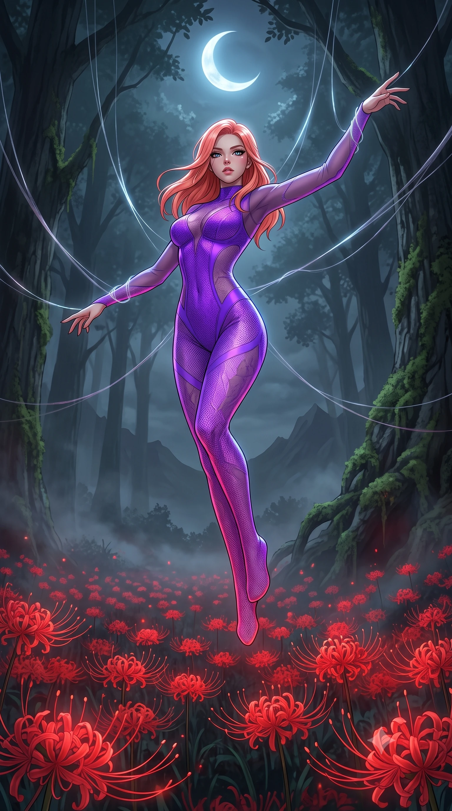 score_9, masterpiece, best quality, ultra-detailed, High-budget Anime Keyframe, East Asian woman. Low angle cowboy shot filling the entire 9:16 frame with her statuesque presence. Scenario 508: suspended by invisible silk threads inside a misty dark forest under a crescent moon with red spider lilies blooming. Her presence is magnetic and overpowering in this high-budget anime scene. Outfit 508: a slim-fit neon violet micro-mesh lace catsuit with sheer sleeves and opaque panels. The clothing is designed to emphasize her exceptionally tall and slender 8-heads proportion. 8-heads proportion, towering silhouette, ultra-slim waist. sharp v-shaped jawline, intricate jewel-like eyes with depth, thick eyelashes, glossy lips. 2k, ultra detail, master piece, 9:16 ratio