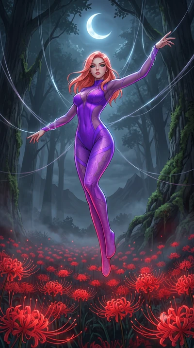 score_9, masterpiece, best quality, ultra-detailed, High-budget Anime Keyframe, East Asian woman. Low angle cowboy shot filling the entire 9:16 frame with her statuesque presence. Scenario 508: suspended by invisible silk threads inside a misty dark 