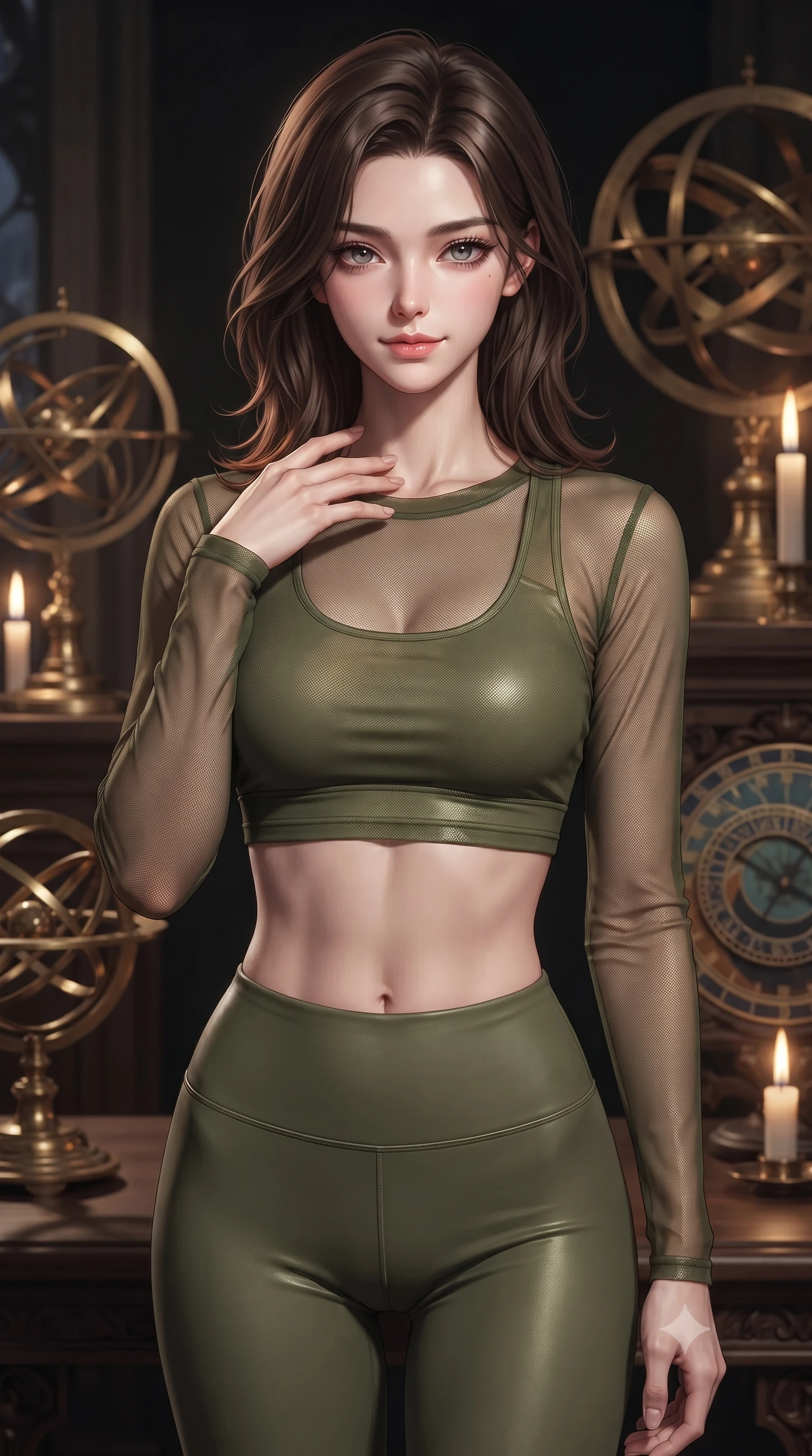 score_9, masterpiece, best quality, ultra-detailed, high-budget anime keyframe, editorial fashion photography, tasteful artistic composition, Korean woman. close-up cowboy shot from the waist and thighs up, the character dominates the composition, filling the frame with her large presence, background elements kept in soft focus. standing with one hand resting on her collarbone, looking at the viewer with bedroom-eyes the background shows a soft-focus a high-tower balcony with delicate brass armillary spheres and astronomical clocks. She has an exceptionally elegant, slender, and willowy female figure with an ultra-slim waist, a gracefully sculpted slender torso, and a refined silhouette. sharp v-shaped jawline, high-bridge nose, intricate jewel-like eyes with depth, thick eyelashes, glossy lips with a natural sheen. wearing a slim-fit sheer mesh long-sleeve crop top in olive green, worn over a matching sports bra and leggings. warm candlelight casting dramatic shadows on polished brass instruments. ultra-reflective glossy finish, specular highlights, metallic sheen, high-contrast stereoscopic depth, volumetric dynamic lighting, 2k, ultra detail, master piece, 9:16 ratio
