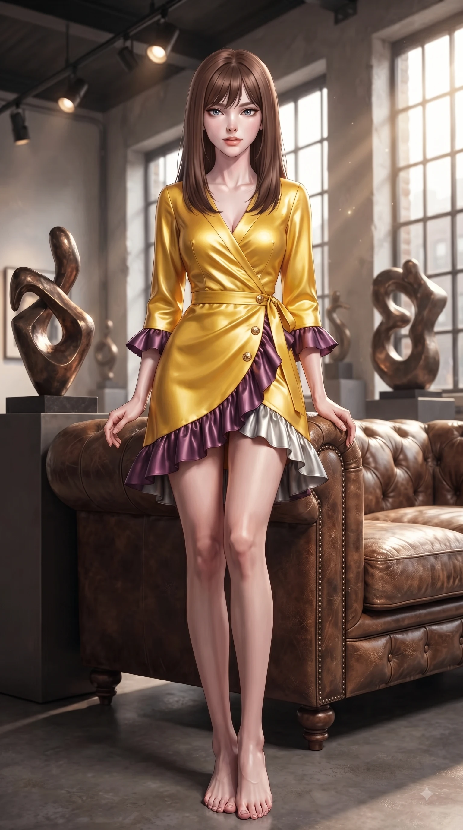 score_9, masterpiece, best quality, ultra-detailed, high-budget anime keyframe, editorial fashion photography, tasteful artistic composition, Korean woman. low angle full-body shot from head to toe showing her feet, filling the entire 9:16 vertical frame with her statuesque presence, stretching her vertical silhouette. Radiant anticipation in her face, glowing with hopeful curiosity and warm expectant energy while resting on a leather vintage sofa flanked by modern bronze sculptures. The composition keeps background elements in soft focus with dreamy bokeh. vintage leather furnishings and soft gallery spotlights softened by shallow focus. She has an absolutely perfect, statuesque 8.5-heads proportion, an exceptionally tall and slender model-like female figure with impossibly long slender legs and an ultra-slim waist. sharp v-shaped jawline, high-bridge nose, intricate jewel-like eyes with depth, thick eyelashes, glossy lips with a natural sheen, flawlessly proportioned anatomical accuracy, natural body alignment, perfectly sculpted elegant limbs, clean dynamic posture without body distortion. wearing a cheerful sunflower yellow silk wrap dress with fluttery ruffle hems in rich plum violet and metallic platinum, made of premium stretch velvet with a rich glossy sheen, finished with gold metallic hardware buttons along the front, the chic fashion cut framing her graceful clavicle and slender torso. bathed in warm volumetric sunbeams filtering through tall industrial windows. ultra-reflective glossy finish, specular highlights, metallic sheen, high-contrast stereoscopic depth, volumetric dynamic lighting, 2k, ultra detail, master piece, 9:16 ratio