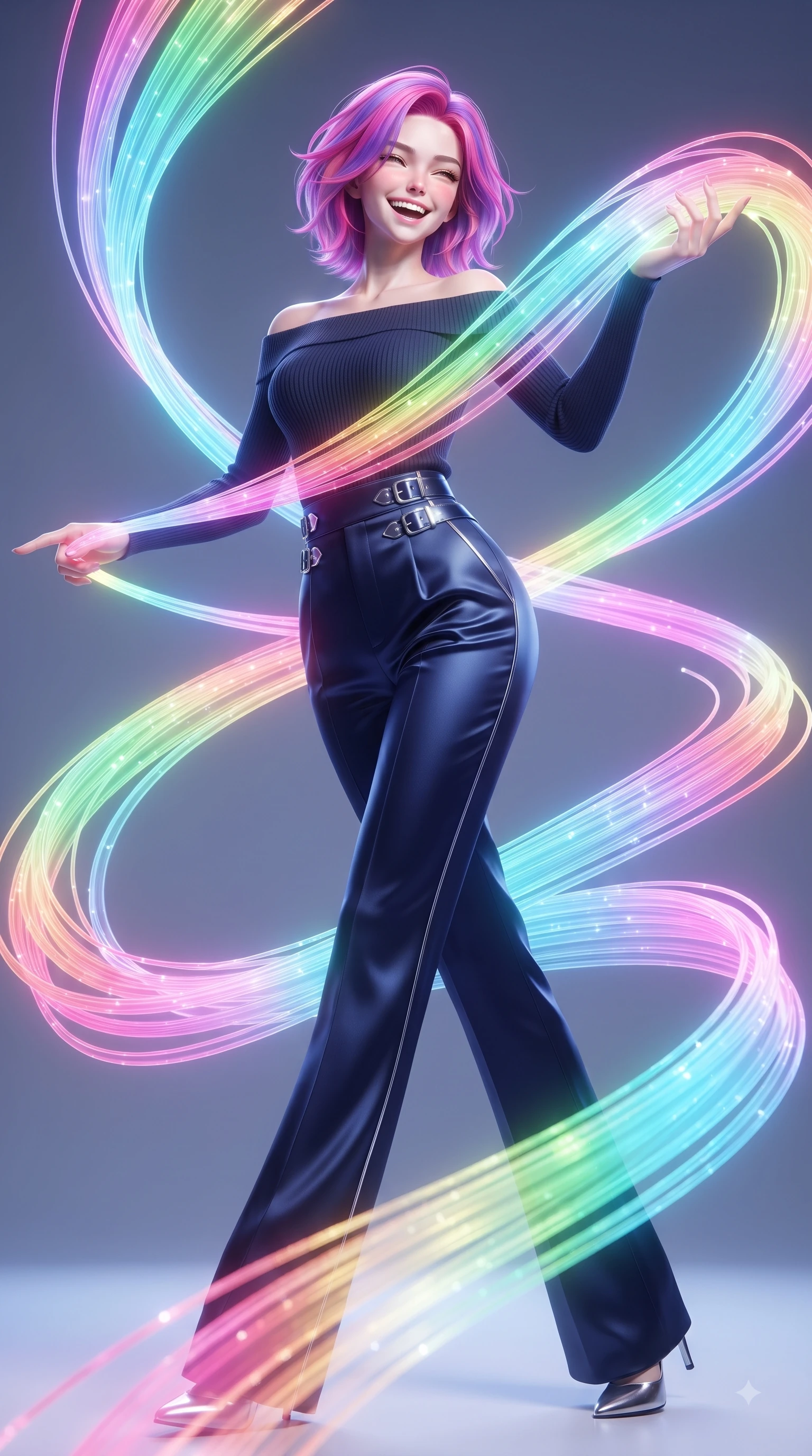 score_9, masterpiece, best quality, ultra-detailed, high-budget anime keyframe, editorial fashion photography, tasteful artistic composition, Caucasian woman. low angle full-body shot from head to toe showing her feet, filling the entire 9:16 vertical frame with her statuesque presence, stretching her vertical silhouette. pivoting dynamically in zero-gravity with a delighted laughing expression, displaying her perfect model proportions while weaving fluorescent rainbow fiber optic ribbons on a 3D light loom with a playful smile, translucent silk ribbons swirling around her figure like bright streams. She has an absolutely perfect, statuesque 8.5-heads proportion, an exceptionally tall and slender model-like female figure with impossibly long slender legs and an ultra-slim waist. sharp v-shaped jawline, high-bridge nose, intricate jewel-like eyes with depth, thick eyelashes, glossy lips with a natural sheen, flawlessly proportioned anatomical accuracy, natural body alignment, perfectly sculpted elegant limbs, clean dynamic posture without body distortion. wearing a sleek off-shoulder ribbed knit top paired with high-waist tailored pants in midnight navy blue and chrome trim, crafted from lustrous satin jersey with fluid draping, detailed with polished silver buckles along the waistline, the glove-like fit emphasizing her statuesque silhouette during motion. surrounded by a vibrant fluorescent aura with bright specular rim lights. ultra-reflective glossy finish, specular highlights, metallic sheen, high-contrast stereoscopic depth, volumetric dynamic lighting, 2k, ultra detail, master piece, 9:16 ratio