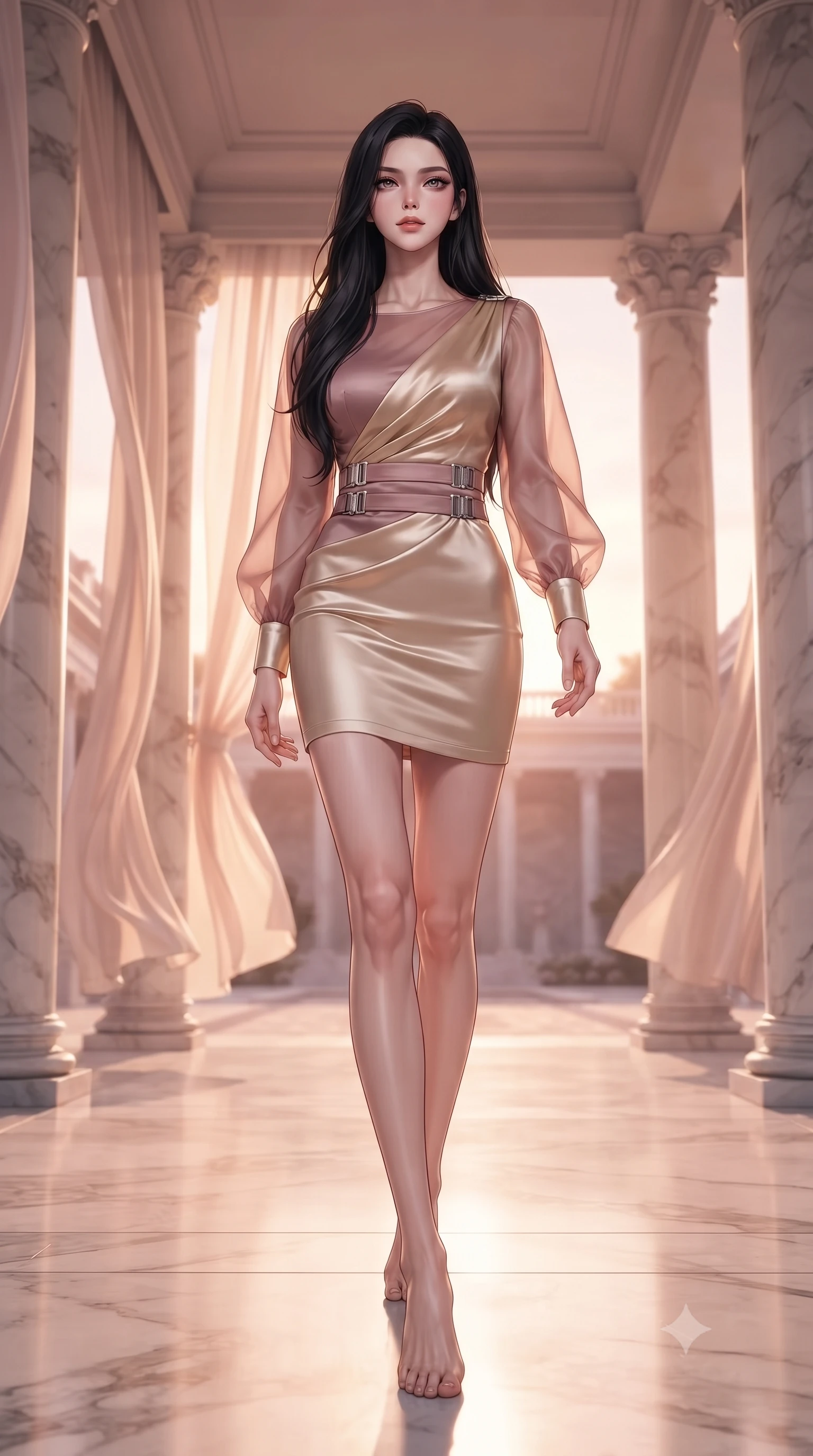 score_9, masterpiece, best quality, ultra-detailed, high-budget anime keyframe, editorial fashion photography, tasteful artistic composition, Korean woman. low angle full-body shot from head to toe showing her feet, filling the entire 9:16 vertical frame with her statuesque presence, stretching her vertical silhouette. navigating the luminous space with effortless poise, displaying her perfect model proportions walking through an open-air colonnade with billowing silk gossamer curtains, soft rose-gold and amber sunset light reflecting off polished marble. She has an absolutely perfect, statuesque 8.5-heads proportion, an exceptionally tall and slender model-like female figure with impossibly long slender legs and an ultra-slim waist. sharp v-shaped jawline, high-bridge nose, intricate jewel-like eyes with depth, thick eyelashes, glossy lips with a natural sheen. wearing a sleek bodycon knit dress with sheer organza sleeve panels in dusty rose and champagne gold, crafted from smooth liquid silk, detailed with polished silver buckles along the waistline, the elegant draped fit framing her graceful clavicle and slender torso. lit by brilliant warm key light softening into smooth, elegant gradients. ultra-reflective glossy finish, specular highlights, metallic sheen, high-contrast stereoscopic depth, volumetric dynamic lighting, 2k, ultra detail, master piece, 9:16 ratio
