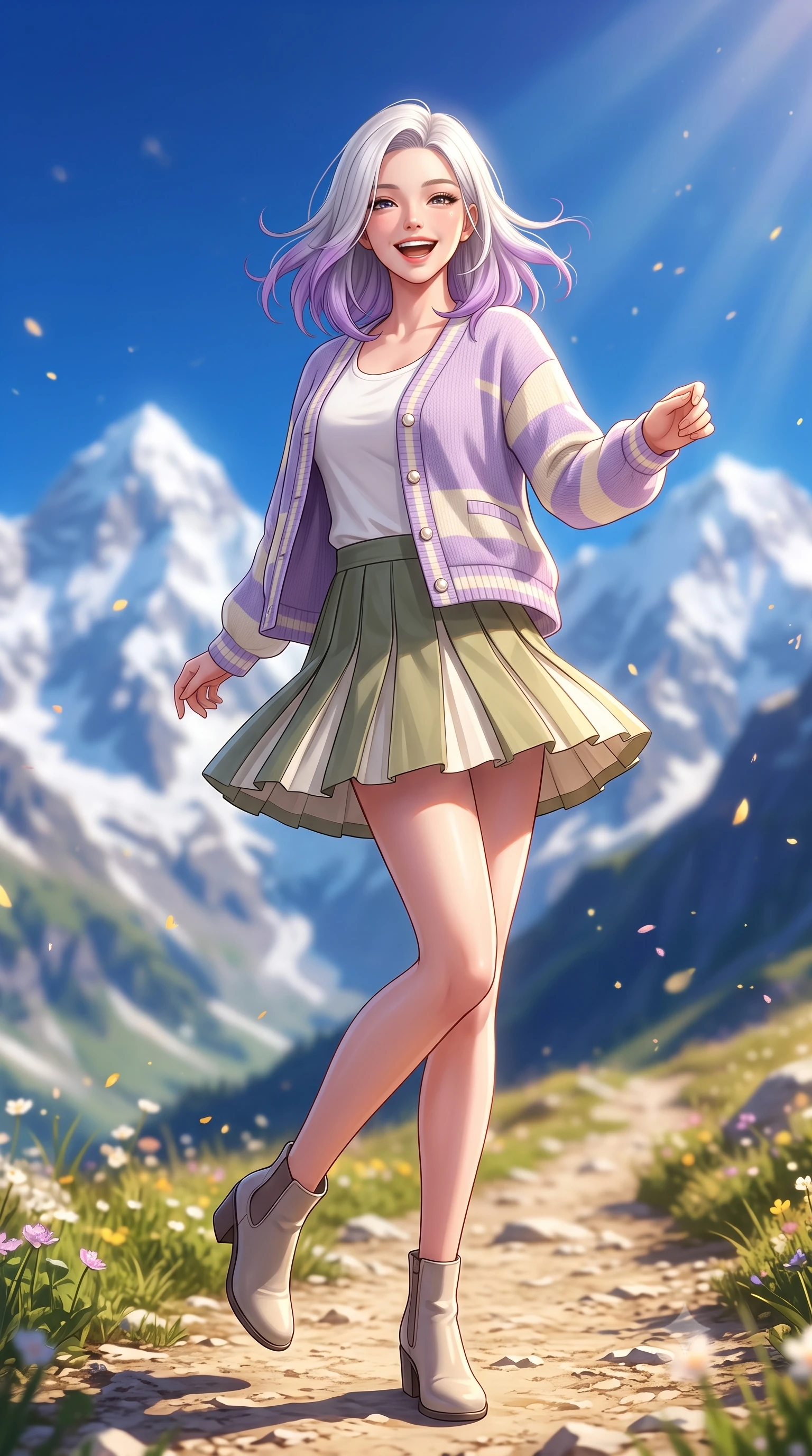 score_9, masterpiece, best quality, ultra-detailed, high-budget anime keyframe, semi-realistic 3D game render, editorial fashion photography, tasteful artistic composition, Caucasian woman. low angle full-body shot from head to toe showing her feet, filling the entire 9:16 vertical frame with her statuesque presence, stretching her vertical silhouette. performing a cheerful mid-motion turn with effortless poise, her skirt fluttering softly as she smiles into the camera while turning with a joyful laugh as the crisp alpine mountain breeze gently lifts her soft hair against the clear blue sky. The composition keeps background elements in soft focus with creamy bokeh. sparkling mountain breeze sunbeams and floating flower pollen scattering warm dreamy light motes. She has an absolutely perfect, statuesque 8.5-heads proportion, an exceptionally tall and slender model-like female figure with impossibly long slender legs, a toned flat midriff, and an ultra-slim waist. sharp v-shaped jawline, high-bridge nose, intricate jewel-like eyes with depth, thick eyelashes, glossy lips with a natural sheen, pure and lovely fresh girlhood expression, flawlessly proportioned anatomical accuracy, strict slender model proportions, natural body alignment, perfectly sculpted long slender limbs, ultra-slim waistline, clean dynamic posture without body distortion. wearing a chic pastel varsity cardigan over a simple white scoop-neck tee and a pleated mini skirt in muted olive green and ivory cotton, made of comfortable premium stretch denim and airy cotton-jersey, finished with delicate scallop trims and tiny pearl buttons, the breezy lightweight fabric fluttering softly against her delicate collarbones, narrow waist, and feminine curves. surrounded by a fresh, uplifting, and enchantingly pure alpine girlhood aura. highly saturated vibrant anime colors, detailed shading with soft gradients, rich glossy textures, high-contrast stereoscopic depth, volumetric dynamic lighting, master piece, 9:16 ratio