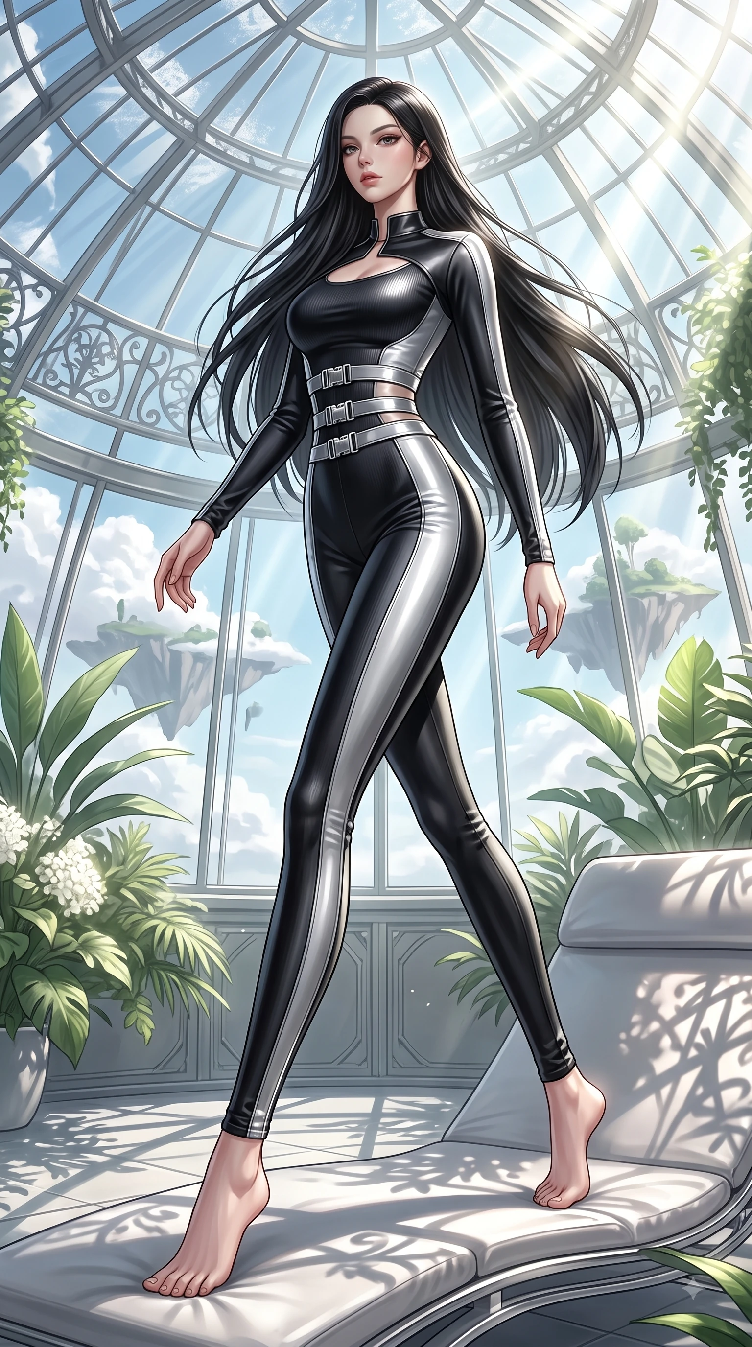 score_9, masterpiece, best quality, ultra-detailed, high-budget anime keyframe, editorial fashion photography, tasteful artistic composition, Korean woman. low angle full-body shot from head to toe showing her feet, filling the entire 9:16 vertical frame with her statuesque presence, stretching her vertical silhouette. stepping forward in a proud dynamic stride with an alluring waist tilt, her vertical silhouette filling the frame while lounging gracefully on a platinum sunbed in a sunlit botanical dome overlooking flying cloud islands, intense volumetric sunbeams filtering through the glass ceiling, creating stencil shadows. She has an absolutely perfect, statuesque 8.5-heads proportion, an exceptionally tall and slender model-like female figure with impossibly long slender legs and an ultra-slim waist. sharp v-shaped jawline, high-bridge nose, intricate jewel-like eyes with depth, thick eyelashes, glossy lips with a natural sheen, flawlessly proportioned anatomical accuracy, natural body alignment, perfectly sculpted elegant limbs, clean dynamic posture without body distortion. wearing a form-fitting ribbed activewear set with elegant collar cutouts in matte black and polished silver, crafted from lustrous satin jersey with fluid draping, detailed with polished silver buckles along the waistline, the form-contouring material highlighting her ultra-slim waist and long lines. surrounded by a bright, airy ambiance with radiant white and green highlights. ultra-reflective glossy finish, specular highlights, metallic sheen, high-contrast stereoscopic depth, volumetric dynamic lighting, 2k, ultra detail, master piece, 9:16 ratio