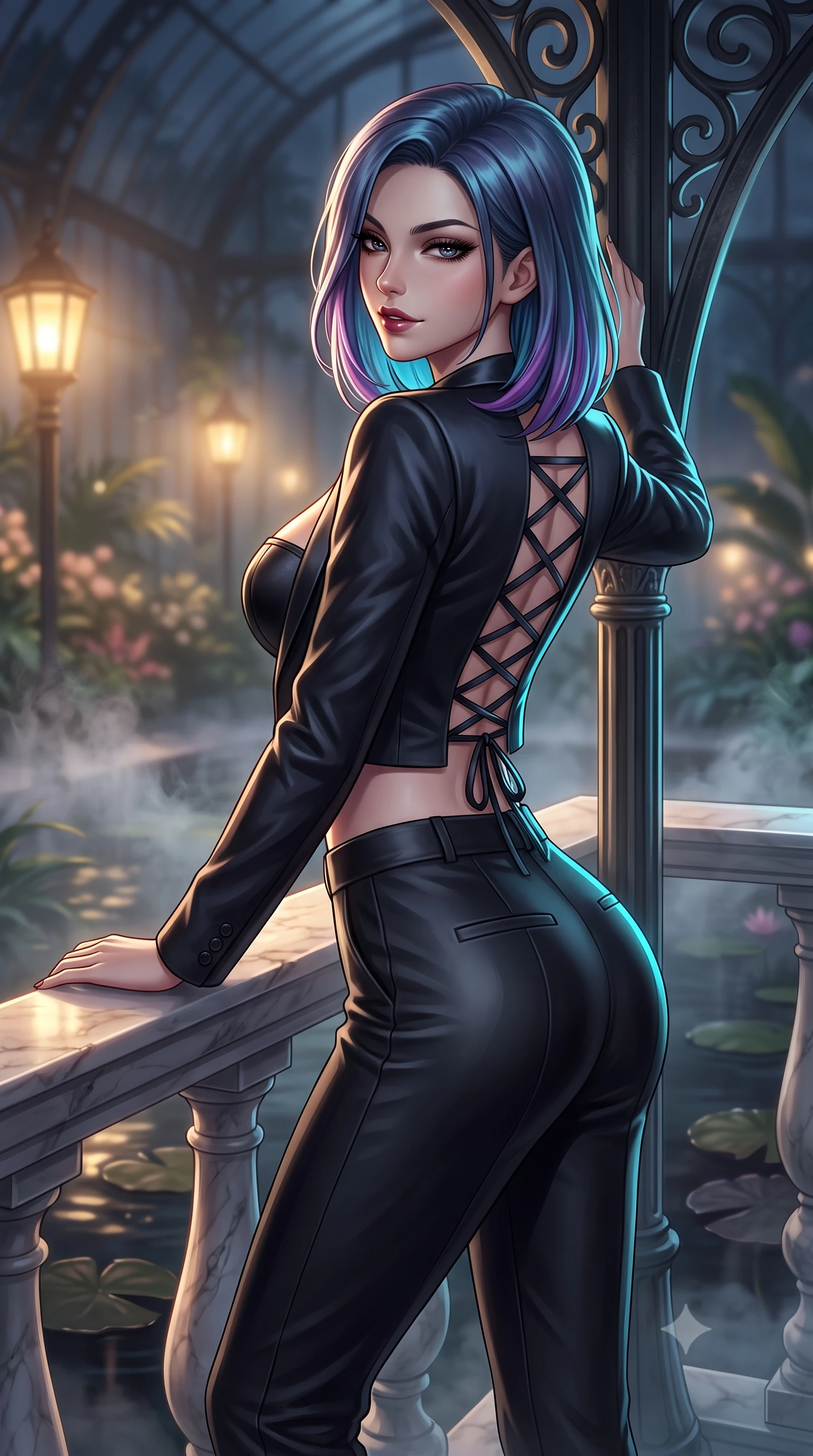 score_9, masterpiece, best quality, ultra-detailed, high-budget anime keyframe, semi-realistic 3D game render, editorial fashion photography, tasteful artistic composition, Caucasian woman. close-up cowboy shot from the waist and thighs up, the character dominates the composition, filling the frame with her large presence. resting one elbow on the marble balustrade while arching her spine with dancer poise, her dark bedroom-eyes casting a magnetic sidelong glance while leaning against a soaring cast-iron structural rib with hips cocked back, casting a smoldering bedroom-gaze through tropical night mist. The composition keeps background elements in soft focus with dreamy creamy bokeh. steaming water mist vapors and dark floating lily pads softened in exotic greenhouse shallow focus. She has an exceptionally elegant, slender, and willowy female figure with an ultra-slim waist, flat toned midriff, narrow ribcage, and sculpted feminine hips creating an alluring, slim hourglass silhouette without bulk. sharp v-shaped jawline, high-bridge nose, intricate jewel-like dark sparkling eyes with dangerous depth, thick curled eyelashes, glossy parted lips with a rich wine sheen, smoldering seductive half-smile with bedroom-eyes, exuding effortless superiority and intoxicating dark allure, flawlessly proportioned anatomical accuracy, strict slender model proportions, natural body alignment, perfectly sculpted long slender limbs, ultra-slim waistline, clean dynamic posture without body distortion. wearing a tailored cropped midnight-black tuxedo blazer worn over a structured bustier top and high-waisted cigarette trousers in pure obsidian monochrome with subtle metallic sheen, made of supple butter-soft lambskin leather with a subtle satin sheen, featuring a dramatic criss-cross satin back lacing tracing her slender spine, the form-contouring cut accentuating her sculpted flat midriff, narrow delicate ribcage, and gracefully curvy hips with sovereign high-fashion precision. illuminated by soft warm pathway lantern fill and sharp cyan rim light defining her sculpted clavicle, narrow waist, and curvy hips. highly saturated vibrant anime colors, detailed shading with soft gradients, rich glossy textures, high-contrast stereoscopic depth, volumetric dynamic lighting, master piece, 9:16 ratio