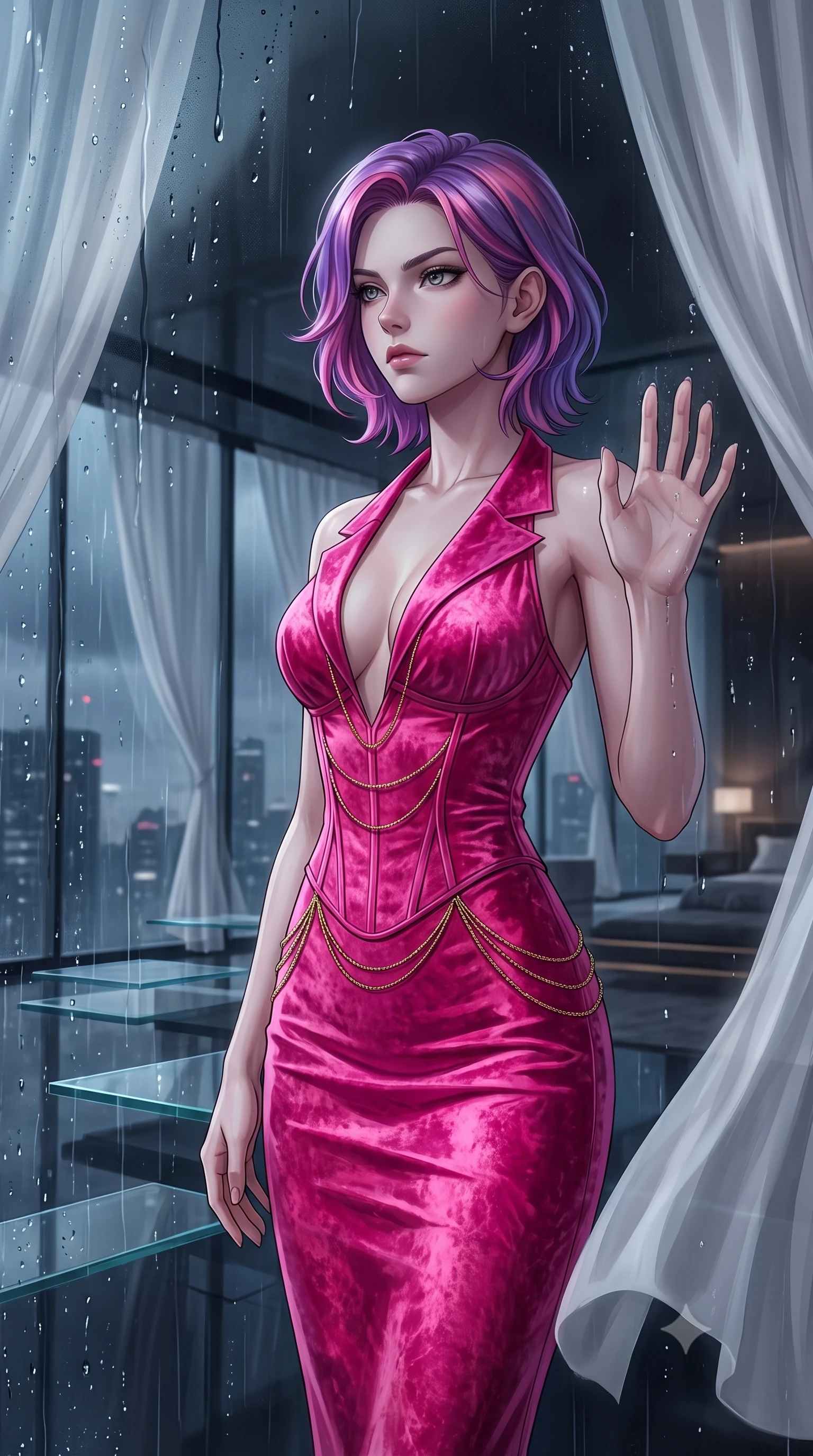score_9, masterpiece, best quality, ultra-detailed, High-budget Anime Keyframe, Caucasian woman, strictly human ears. Low angle cowboy shot filling the entire 9:16 frame with her statuesque presence. Scenario 453: looking out at the rain through a wet glass window near a luxury sky-lounge with floating glass platforms and white silk drapes. Her presence is magnetic and overpowering in this high-budget anime scene. Outfit 453: a tailored hot pink crushed velvet corset dress featuring an elegant plunging collar and fine gold chains. The clothing is designed to emphasize her exceptionally tall and slender 8-heads proportion. 8-heads proportion, towering silhouette, ultra-slim waist. sharp v-shaped jawline, intricate jewel-like eyes with depth, thick eyelashes, glossy lips. 2k, ultra detail, master piece, 9:16 ratio