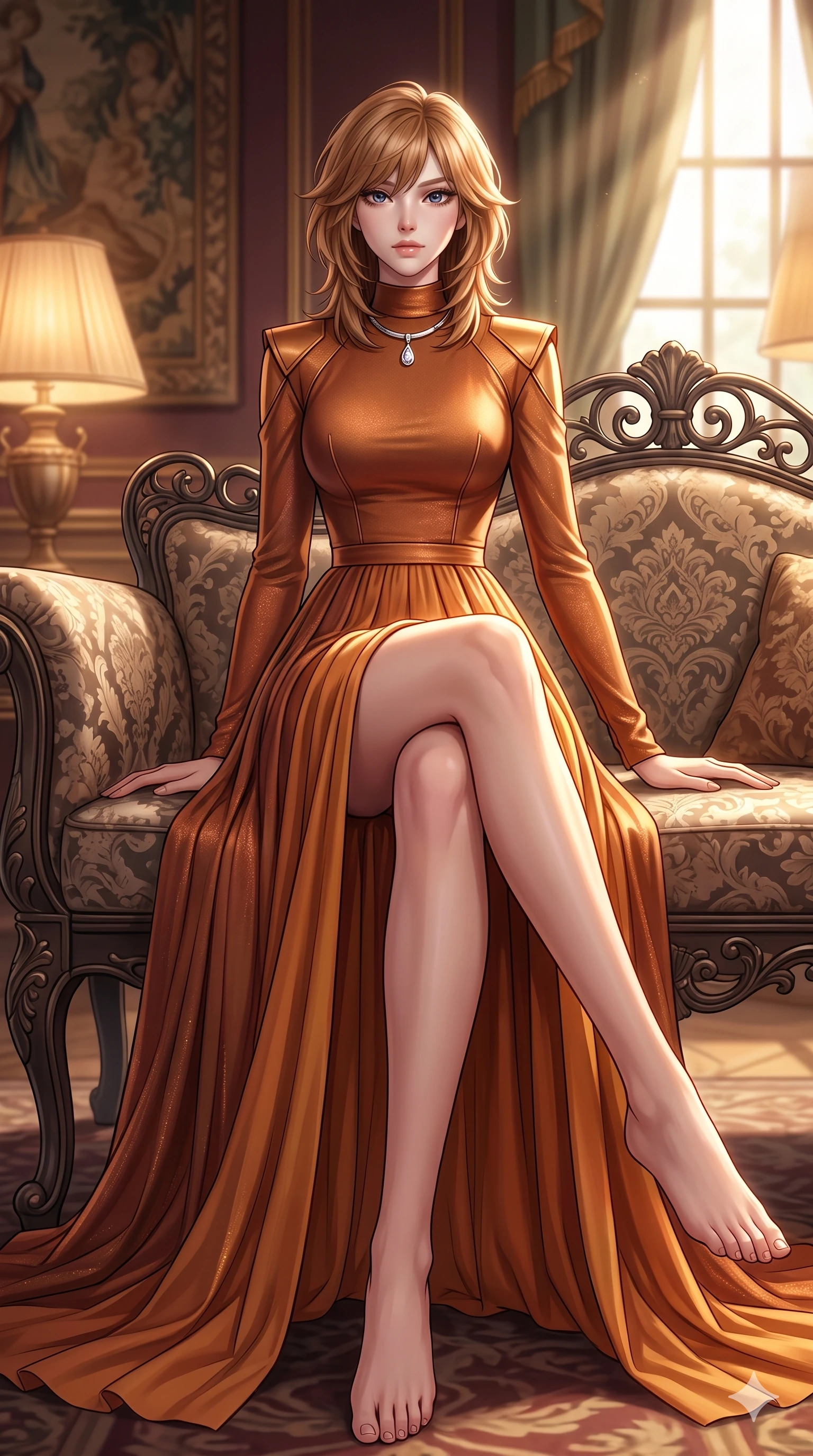 score_9, masterpiece, best quality, ultra-detailed, high-budget anime keyframe, semi-realistic 3D game render, editorial fashion photography, tasteful artistic composition, Korean woman. low angle full-body shot from head to toe showing her feet, filling the entire 9:16 vertical frame with her statuesque presence, stretching her vertical silhouette. stepping slowly toward the camera with hypnotic grace, hips swaying in an alluring sensual rhythm that accentuates her curvy hourglass silhouette and long slender legs while lounging languidly across a damask-upholstered wrought-iron settee, her flat midriff and feminine hips bathed in soft golden afternoon light. The background shows a soft-focus hand-woven French silk tapestries, antique wrought-iron scrollwork, and gilded salon wainscoting blurred into burgundy, bronze, and sage bokeh. She has an exceptionally tall and slender model-like 8.5-heads proportion, an ultra-slim waist, a flat toned midriff, narrow delicate ribcage, and beautifully sculpted feminine hips creating a graceful, slim hourglass silhouette without any bulky heaviness, with impossibly long slender legs. sharp v-shaped jawline, high-bridge nose, intricate jewel-like sparkling eyes with depth, thick eyelashes, glossy parted lips with a natural sheen, intensely captivating and seductive bedroom-eyes expression, exuding both youthful cute charm and sovereign luxury allure, flawlessly proportioned anatomical accuracy, strict slender model proportions, natural body alignment, perfectly sculpted long slender limbs, ultra-slim waistline, clean dynamic posture without body distortion. wearing a refined long-sleeve high-collar silk georgette diplomatic gown with structured geometric shoulder plates and pleated skirt in rich copper bronze and warm amber, woven from high-density tech-wool with subtle metallic thread weave, finished with a minimalist chrome choker and a single teardrop diamond pendant, the impeccably tailored cut draping gracefully along her slender figure with aristocratic poise. bathed in the soft, intimate warm 2700K ambient light of silk-shaded table lamps mixed with angled window sunbeams. highly saturated vibrant anime colors, detailed shading with soft gradients, rich glossy textures, high-contrast stereoscopic depth, volumetric dynamic lighting, master piece, 9:16 ratio