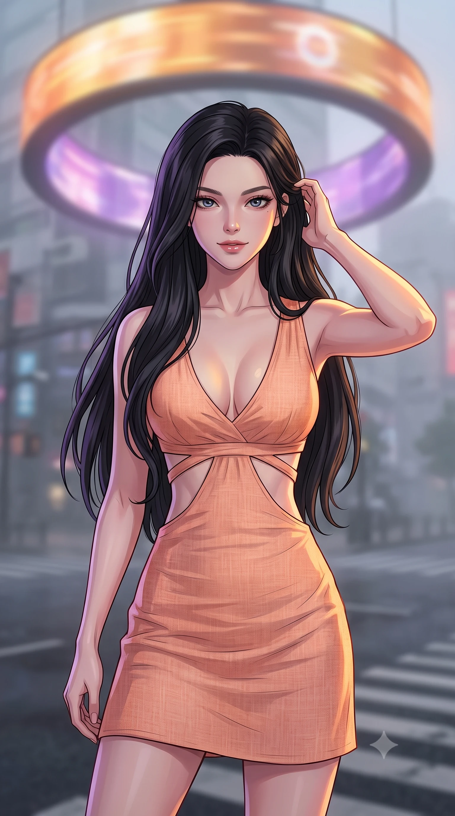 score_9, masterpiece, best quality, ultra-detailed, high-budget anime keyframe, tasteful artistic composition, Korean woman. close-up cowboy shot from the waist and thighs up, the character dominates the composition, filling the frame with her large presence, background elements kept in soft focus. smiling with quiet, magnetic self-assurance directly into the camera, running a hand through her hair the background shows a soft-focus a misty street intersection under a massive spinning hologram ring billboard. She has an exceptionally elegant, slender, and willowy female figure with an ultra-slim waist, a gracefully sculpted slender torso, and a refined silhouette. sharp v-shaped jawline, high-bridge nose, intricate jewel-like eyes with depth, thick eyelashes, glossy lips with a natural sheen. wearing a slim-fit summer sundress with double waist cutouts and a plunging neckline in peach linen. rotating warm amber and cool purple lighting creating a dynamic color wash. highly saturated vibrant anime colors, cel-shading, 2d style, master piece, 9:16 ratio