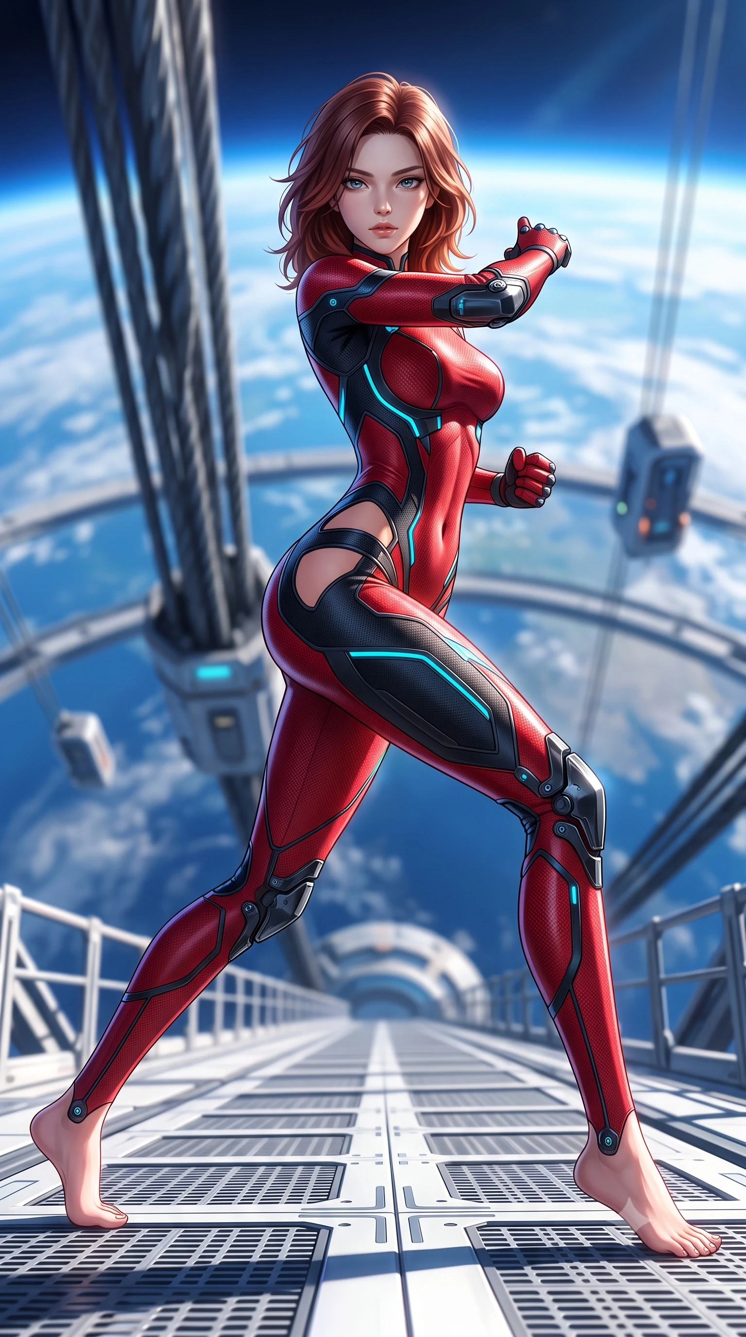 score_9, masterpiece, best quality, ultra-detailed, high-budget anime keyframe, semi-realistic 3D game render, editorial fashion photography, tasteful artistic composition, Korean woman. low angle full-body shot from head to toe showing her feet, filling the entire 9:16 vertical frame with her statuesque presence, stretching her vertical silhouette. striding forward with sovereign warrior elegance in a low, predatory combat advance, hips swaying with fierce athletic poise from head to toe while executing a high-speed kinetic parry and pivot on the open-air gantry of a space elevator ring 100 kilometers above Earth. The composition keeps background elements in soft focus with creamy bokeh. massive space elevator cable arrays and transit pods softened in smooth atmospheric depth. She has an absolutely perfect, statuesque 8.5-heads proportion, an exceptionally tall and slender model-like female figure with impossibly long slender legs, a toned flat midriff, and an ultra-slim waist. sharp v-shaped jawline, high-bridge nose, intricate jewel-like eyes with depth, thick eyelashes, glossy lips with a natural sheen, flawlessly proportioned anatomical accuracy, strict slender model proportions, natural body alignment, perfectly sculpted long slender limbs, ultra-slim waistline, clean dynamic posture without body distortion. wearing a skin-tight crimson carbon-weave battle-suit with metallic dark chrome elbow dampers and hip-accentuating cutouts in matte obsidian carbon black with electric cyan conduits, made of lightweight aerodynamic carbon-titanium alloy with polished edge bevels, finished with high-mobility flexible limb seams and miniature magnetic armor locks, the liquid-tight tailored fabric emphasizing every curve of her tall, slender model proportions and sculptured silhouette during dynamic movement. bathed in dazzling high-noon orbital sunlight and rich blue Earth ambient bounce light. rich saturated anime colors with glowing neon highlights, detailed shading with soft gradients, rich glossy textures, high-contrast stereoscopic depth, volumetric dynamic lighting, master piece, 9:16 ratio