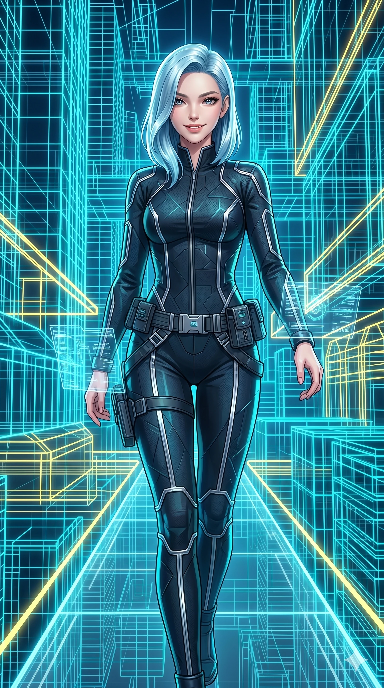 score_9, masterpiece, best quality, ultra-detailed, high-budget anime keyframe, semi-realistic 3D game render, Korean woman. Upper body close-up from the thighs up, character filling the screen for maximum presence. Inside a virtual reality city of neon wireframes, walking between the glowing structures with a confident, proud smile. She is wearing a tailored tech-jumpsuit with reflective silver piping and a utility belt. The scene is illuminated by the bright cyan and yellow lines of the wireframes. 2k, ultra detail, master piece, 9:16 ratio