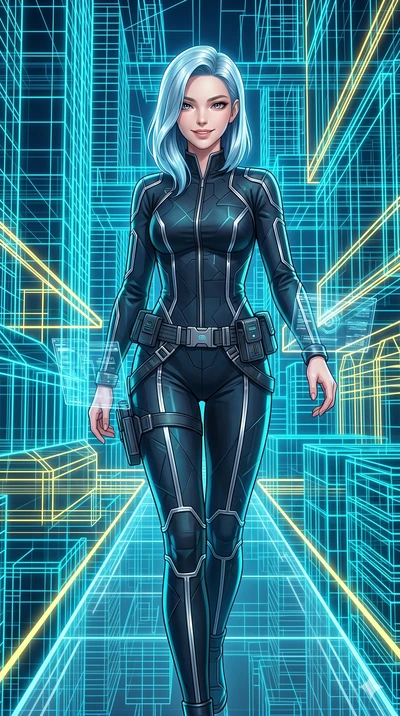 score_9, masterpiece, best quality, ultra-detailed, high-budget anime keyframe, semi-realistic 3D game render, Korean woman. Upper body close-up from the thighs up, character filling the screen for maximum presence. Inside a virtual reality city of n