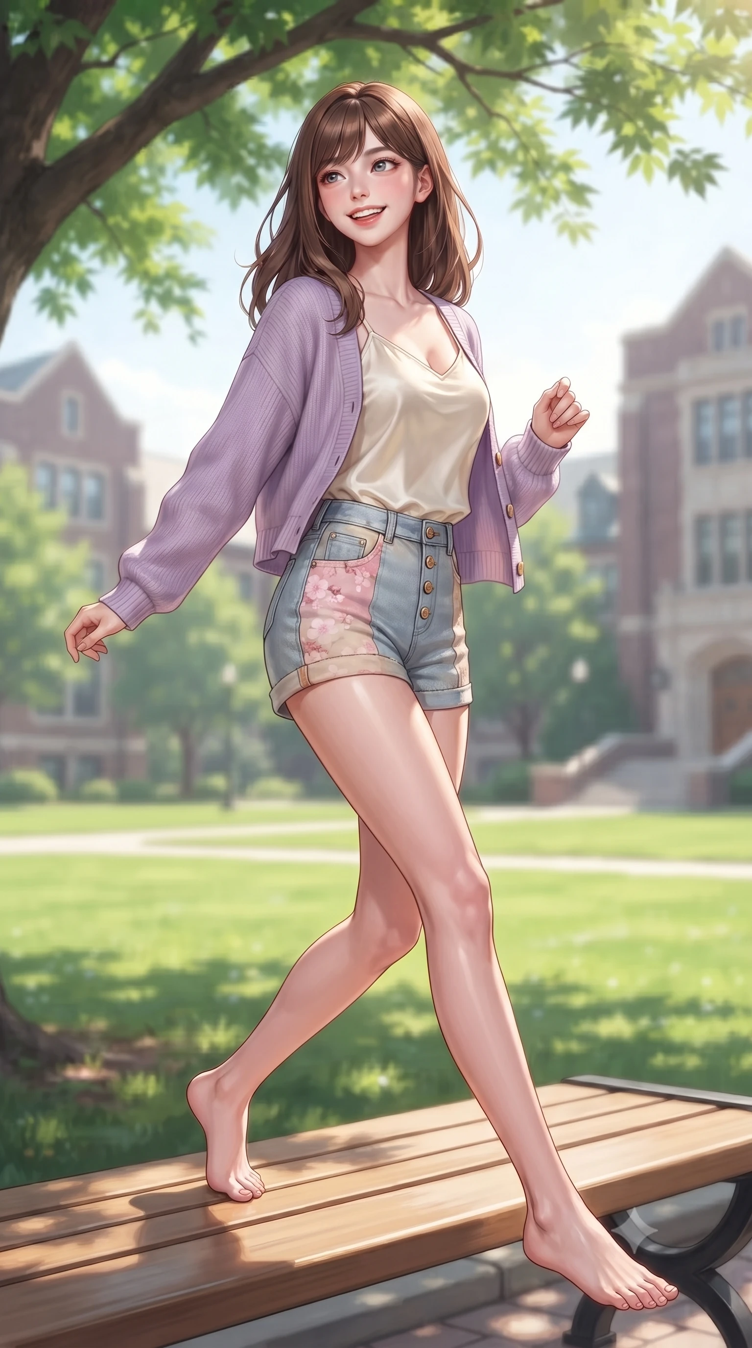score_9, masterpiece, best quality, ultra-detailed, high-budget anime keyframe, editorial fashion photography, tasteful artistic composition, Korean woman. low angle full-body shot from head to toe showing her feet, filling the entire 9:16 vertical frame with her statuesque presence, stretching her vertical silhouette. performing a cheerful mid-motion turn with flawless poise, her radiant smile capturing fresh girlhood energy while sitting on a sunlit wooden bench under a shady maple tree on a bright morning campus. The composition keeps background elements in soft focus with dreamy bokeh. lush green quad lawns and historical college buildings blurred in dreamy shallow focus. She has an absolutely perfect, statuesque 8.5-heads proportion, an exceptionally tall and slender model-like female figure with impossibly long slender legs and an ultra-slim waist. sharp v-shaped jawline, high-bridge nose, intricate jewel-like eyes with depth, thick eyelashes, glossy lips with a natural sheen, flawlessly proportioned anatomical accuracy, natural body alignment, perfectly sculpted elegant limbs, clean dynamic posture without body distortion. wearing a soft lavender knit cardigan worn over a simple cream silk camisole and light-wash denim shorts in cherry blossom pink and soft beige, crafted from soft breathable linen, finished with neat front wooden buttons and pocket details, the relaxed yet flattering fit accentuating her naturally graceful and slender figure. surrounded by an uplifting, fresh, and youthful academic atmosphere. ultra-reflective glossy finish, specular highlights, metallic sheen, high-contrast stereoscopic depth, volumetric dynamic lighting, 2k, ultra detail, master piece, 9:16 ratio
