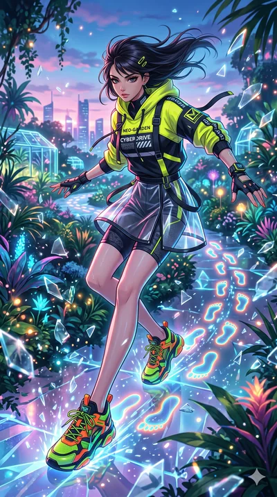 score_9, masterpiece, best quality, ultra-detailed, Set A: High-budget Anime Keyframe, Japanese woman. Upper body close-up from the thighs up, character filling the screen for maximum presence. Sliding through a floating botanical garden, as she leav