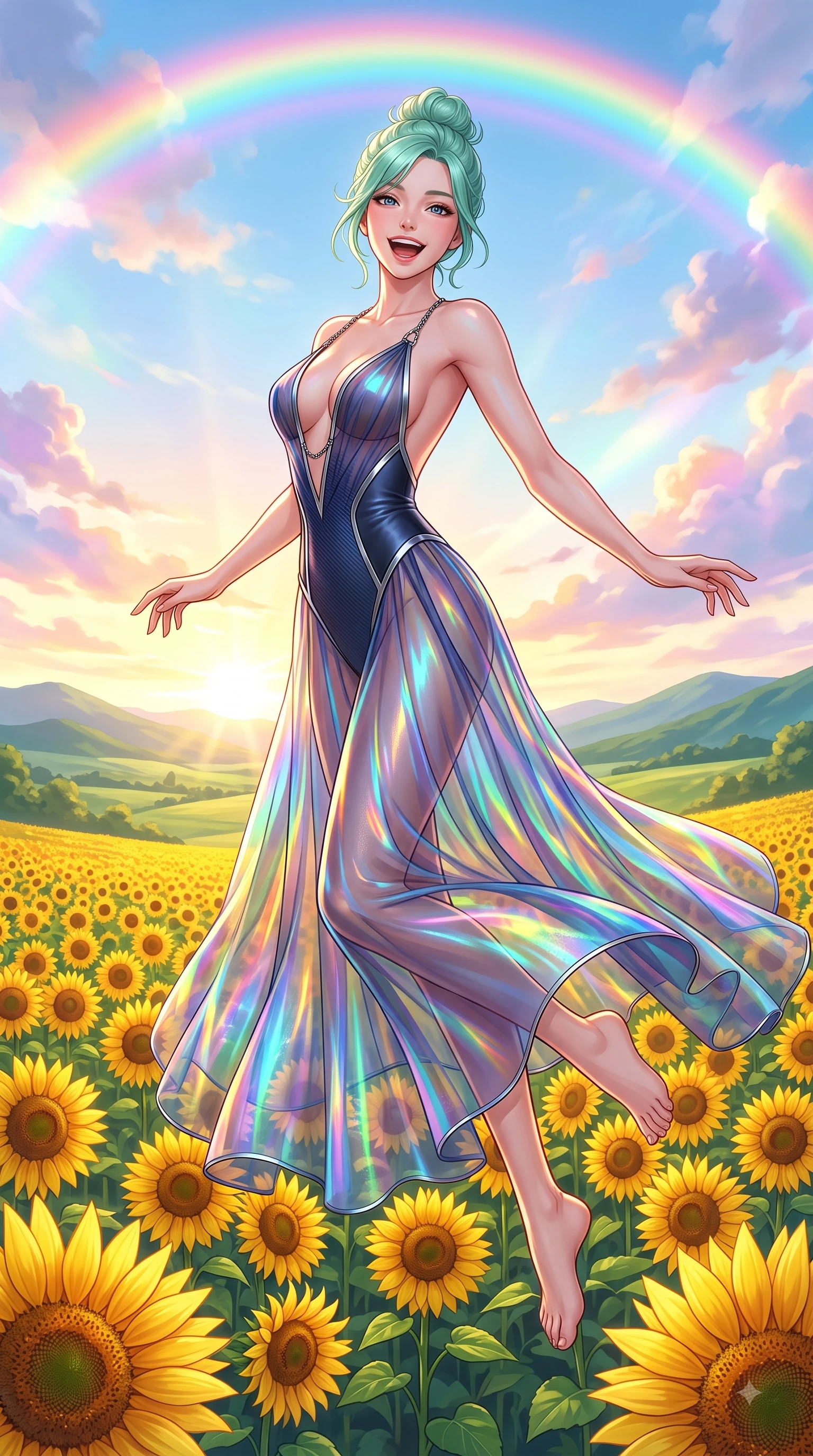 score_9, masterpiece, best quality, ultra-detailed, high-budget anime keyframe, editorial fashion photography, tasteful artistic composition, Japanese woman. low angle full-body shot from head to toe showing her feet, filling the entire 9:16 vertical frame with her statuesque presence, stretching her vertical silhouette. pivoting dynamically in zero-gravity with a delighted laughing expression, displaying her perfect model proportions while leaping with pure joy across a endless field of blooming golden sunflowers under a rainbow sky, a sweeping vista of rolling green hills glowing in warm bright sunlight. She has an absolutely perfect, statuesque 8.5-heads proportion, an exceptionally tall and slender model-like female figure with impossibly long slender legs and an ultra-slim waist. sharp v-shaped jawline, high-bridge nose, intricate jewel-like eyes with depth, thick eyelashes, glossy lips with a natural sheen, flawlessly proportioned anatomical accuracy, natural body alignment, perfectly sculpted elegant limbs, clean dynamic posture without body distortion. wearing a translucent iridescent chiffon gown with a plunging neckline and open back in midnight navy blue and chrome trim, made of fine carbon-fiber weave and soft matte leather, adorned with delicate metallic chain straps along the neckline, the form-contouring material highlighting her ultra-slim waist and long lines. illuminated by dazzling rainbow refractions and bright, cheerful ambient sky glow. highly saturated vibrant anime colors, detailed shading with soft gradients, rich glossy textures, high-contrast stereoscopic depth, volumetric dynamic lighting, master piece, 9:16 ratio