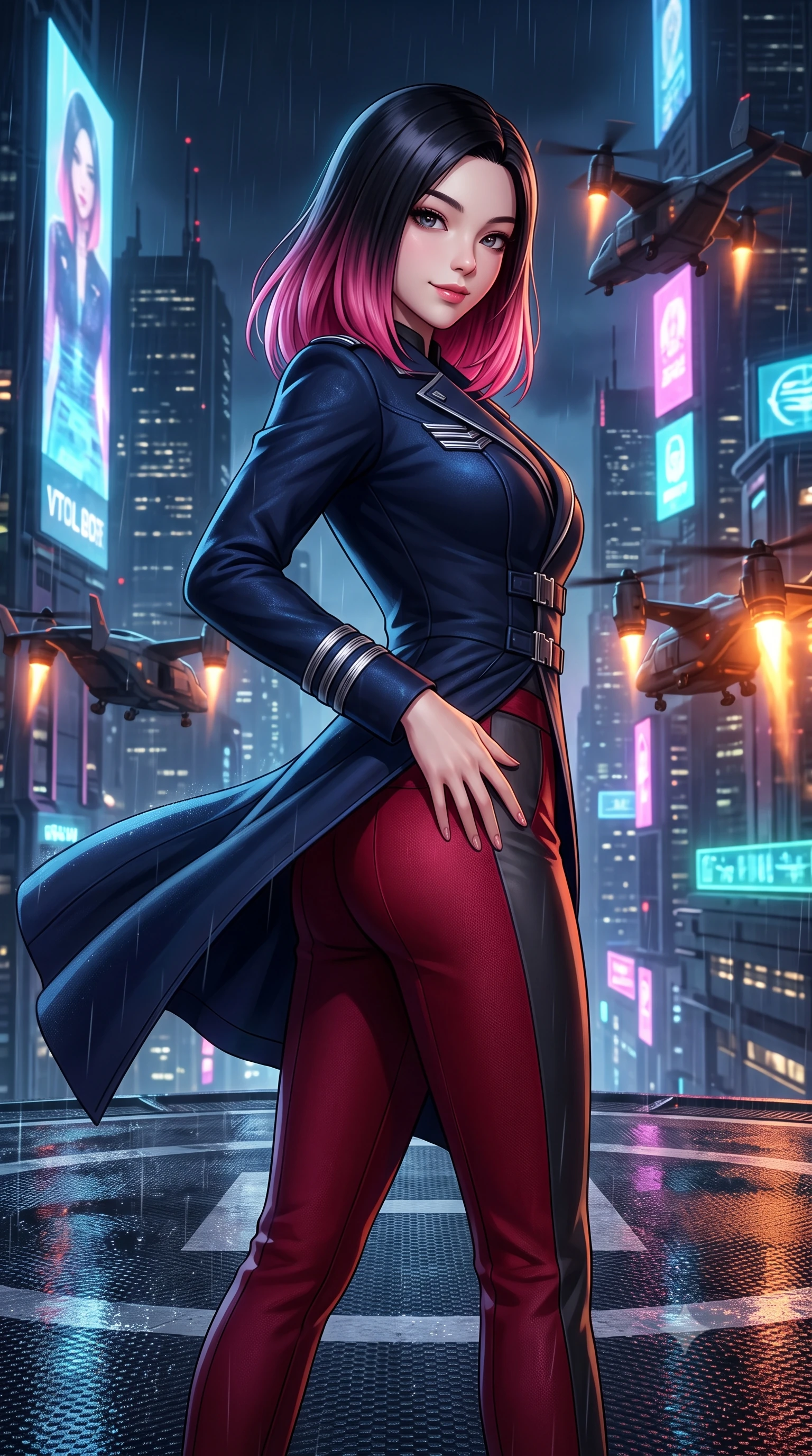 score_9, masterpiece, best quality, ultra-detailed, high-budget anime keyframe, semi-realistic 3D game render, editorial fashion photography, tasteful artistic composition, Korean woman. close-up cowboy shot from the waist and thighs up, the character dominates the composition, filling the frame with her large presence. tilting her head with a teasing half-smile, running one hand slowly down the side of her hip in a flirtatious S-curve as ambient light caresses her silhouette while standing poised on the rain-washed carbon-fiber helipad atop the vertical mega-citadel, arching her lower back with commanding anime warrior charisma as tactical VTOL transports hover nearby. The surrounding environment is rendered in vivid detail and crisp panoramic clarity: detailed tactical combat coat, crisp anime linework, and dense futuristic megalopolis architecture in high resolution. She has an exceptionally elegant, slender, and willowy female figure with an ultra-slim waist, flat toned midriff, narrow ribcage, and sculpted feminine hips creating an alluring, slim hourglass silhouette without bulk. sharp v-shaped jawline, high-bridge nose, intricate jewel-like sparkling eyes with depth, thick eyelashes, glossy parted lips with a natural peach sheen, bright cheerful beaming smile with an enchanting and coquettish sensual glint, exuding both youthful cute charm and seductive allure, flawlessly proportioned anatomical accuracy, strict slender model proportions, natural body alignment, perfectly sculpted long slender limbs, ultra-slim waistline, clean dynamic posture without body distortion. wearing a tailored flight command officer coat in midnight navy with structured lapels, metallic rank braids, and tailored slim trousers in deep crimson hazard red and matte dark titanium, tailored from high-density tech-wool with subtle metallic thread weave, finished with sleek magnetic buckle closures fluttering in the breeze, the bespoke structured tailoring following the natural line of her 8.5-heads silhouette with refined elegance. bathed in the multi-hued ambient neon glow of towering holographic billboards mixed with warm orange VTOL engine exhausts. highly saturated vibrant anime colors, detailed shading with soft gradients, rich glossy textures, high-contrast stereoscopic depth, volumetric dynamic lighting, master piece, 9:16 ratio