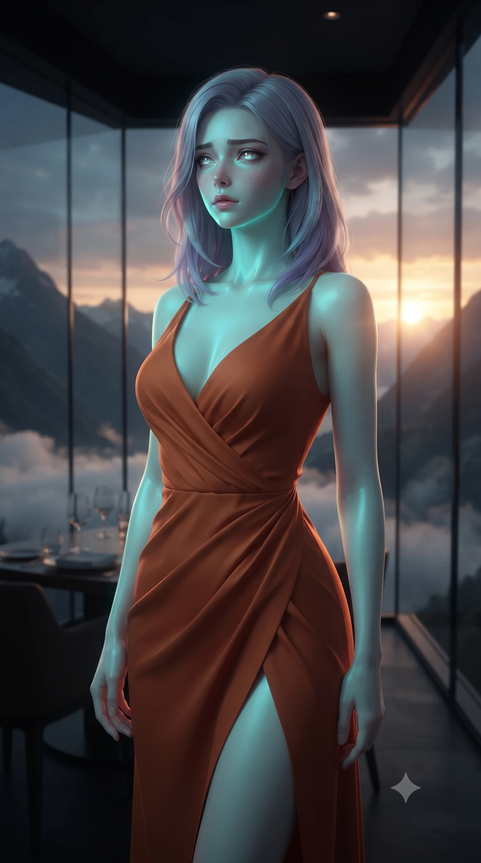 score_9, masterpiece, best quality, ultra-detailed, high-budget anime keyframe, editorial fashion photography, tasteful artistic composition, Caucasian woman, strictly human ears. close-up cowboy shot from the waist and thighs up, the character dominates the composition, filling the frame with her large presence, background elements kept in soft focus. Gazing into the distance with a wistful melancholic expression and softly glowing eyes. set against a soft-focus background of a restaurant with panoramic glass walls suspended by cables above a dramatic mountain valley with clouds drifting at table level and the sun setting between distant peaks visible through crystal-clear glass. She has an exceptionally elegant and slender, willowy female figure with an ultra-slim waist, a gracefully sculpted slender torso, and a refined slim physique. sharp v-shaped jawline, high-bridge nose, intricate jewel-like eyes with depth, thick eyelashes, glossy lips with a natural sheen. wearing an asymmetric wrap-front dress in burnt orange, featuring a deep neckline and a thigh slit. soft aqua bioluminescent light making her skin luminously glow against darkness. 2k, ultra detail, master piece, 9:16 ratio