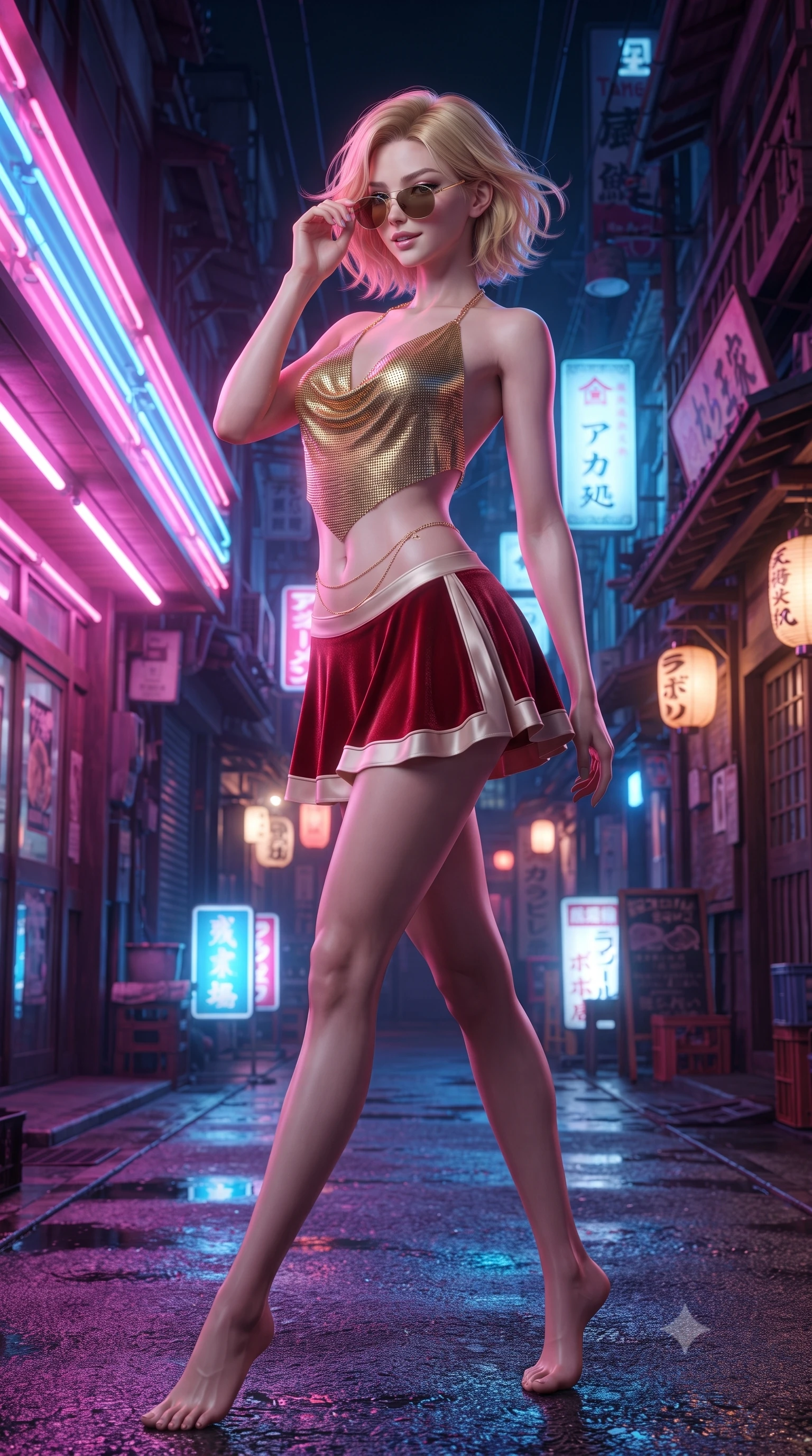 score_9, masterpiece, best quality, ultra-detailed, high-budget anime keyframe, editorial fashion photography, tasteful artistic composition, Caucasian woman. low angle full-body shot from head to toe showing her feet, filling the entire 9:16 vertical frame with her statuesque presence, stretching her vertical silhouette. executing a slow, graceful pivot turn as her skirt sways around her slender legs, glancing back with an enchanting, teasing sensual expression while twisting her slender torso in an alluring contrapposto stance beneath hanging neon signs, fingers adjusting her retro sunglasses with a smirk. The surrounding environment is rendered in vivid detail and crisp panoramic clarity: detailed vinyl mini-skirt shine, subtle mesh fabric texture, and authentic Showa-era alley architecture in razor-sharp precision. She has an absolutely perfect, statuesque 8.5-heads proportion, an exceptionally tall and slender model-like female figure with impossibly long slender legs, an ultra-slim waist, a flat toned midriff, narrow delicate ribcage, and beautifully sculpted feminine hips creating a graceful, slim hourglass silhouette without any bulky heaviness. sharp v-shaped jawline, high-bridge nose, sparkling eyes with hypnotic seductive depth, thick curled eyelashes, glossy parted lips with a natural dewy peach sheen, alluring bedroom-eyes with an enchanting coquettish smile, exuding magnetic siren charisma and sophisticated glamour, flawlessly proportioned anatomical accuracy, strict slender model proportions, natural body alignment, perfectly sculpted long slender limbs, ultra-slim waistline, clean dynamic posture without body distortion. wearing a liquid gold chainmail cowl halter top paired with an ultra-low-rise velvet mini skirt in royal vermilion crimson and pale ivory silk, crafted from fluid liquid silk satin that clings smoothly to every curve with a dewy sheen, finished with a dainty gold belly chain resting across her flat midriff and curving hips, the liquid-tight tailored fabric clinging flawlessly to her narrow waist and rounded feminine hips, emphasizing every millimeter of her sculpted slim hourglass curves without any bulky heaviness. bathed in saturated neon pink and cobalt blue light spilling horizontally from arcade marquees. ultra-reflective glossy finish, specular highlights, rich textural contrasts, high-contrast stereoscopic depth, volumetric dynamic lighting, 2k, ultra detail, master piece, 9:16 ratio