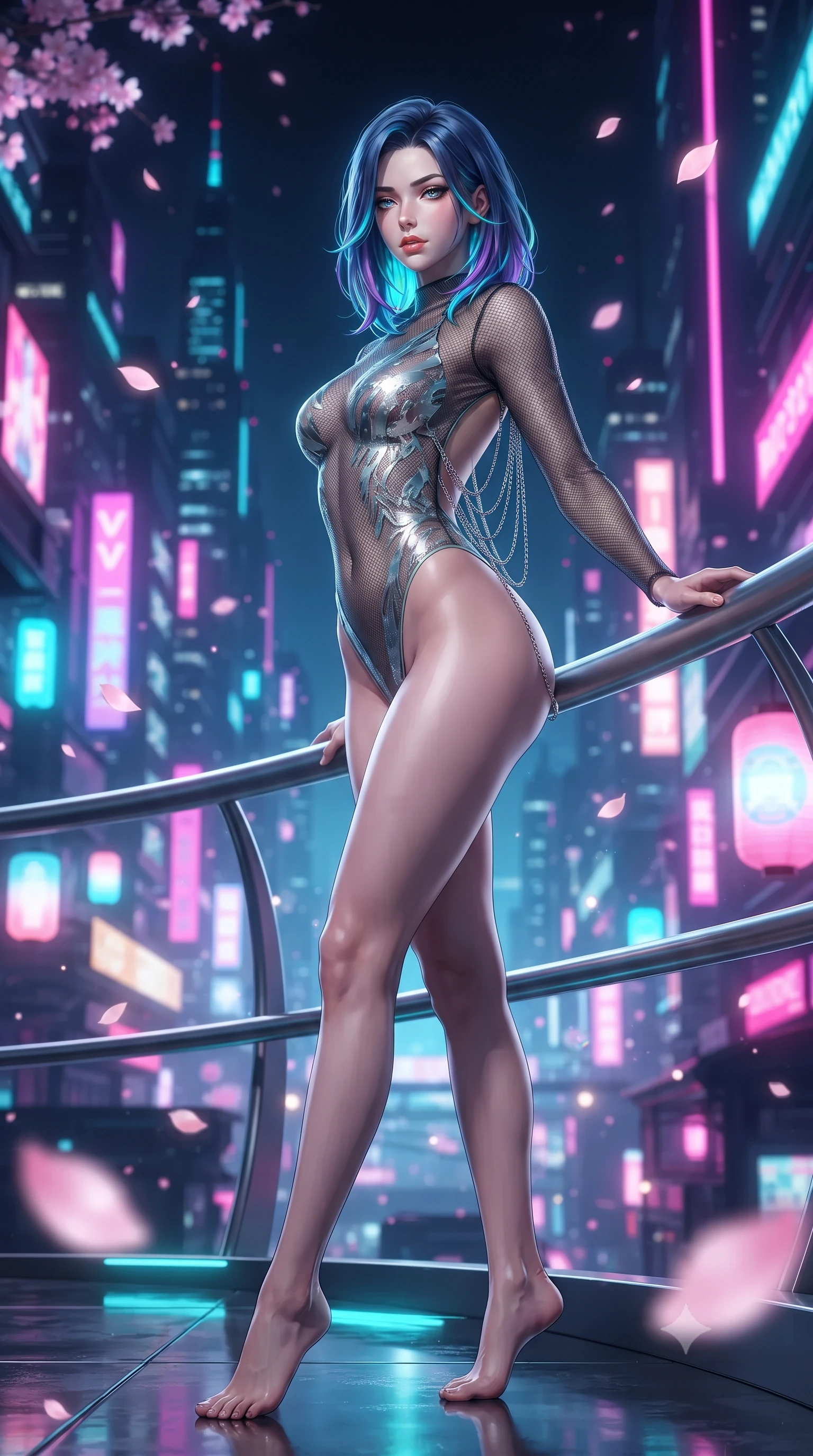score_9, masterpiece, best quality, ultra-detailed, high-budget anime keyframe, editorial fashion photography, tasteful artistic composition, Caucasian woman. low angle full-body shot from head to toe showing her feet, filling the entire 9:16 vertical frame with her statuesque presence, stretching her vertical silhouette. stepping slowly toward the camera with hypnotic grace, hips swaying in an alluring sensual rhythm that accentuates her curvy hourglass silhouette and long slender legs while leaning against the curved panoramic titanium balustrade with hips cocked back, looking out over the neon-drenched spires of Neo-Tokyo with heavy-lidded smoldering bedroom-eyes. The background shows a soft-focus floating bioluminescent pink sakura petals, glowing holographic lanterns, and vertical neon sky-freeway ribbons blurred into fuchsia, cyan, and amethyst bokeh. She has an exceptionally tall and slender model-like 8.5-heads proportion, an ultra-slim waist, a flat toned midriff, narrow delicate ribcage, and beautifully sculpted feminine hips creating a graceful, slim hourglass silhouette without any bulky heaviness, with impossibly long slender legs. sharp v-shaped jawline, high-bridge nose, intricate jewel-like sparkling eyes with depth, thick eyelashes, glossy parted lips with a natural peach sheen, bright cheerful beaming smile with an enchanting and coquettish sensual glint, exuding both youthful cute charm and seductive allure, flawlessly proportioned anatomical accuracy, strict slender model proportions, natural body alignment, perfectly sculpted long slender limbs, ultra-slim waistline, clean dynamic posture without body distortion. wearing a provocative sheer-illusion cyber-mesh bodysuit with strategic metallic foil flocking and high-cut leg openings in polar aurora jade and starlight platinum, crafted from stretch micro-mesh with liquid foil coating that shimmers with every movement, accented with an open-back drape framed by falling strands of delicate chrome chains, the liquid-tight tailored fabric clinging flawlessly to her narrow waist and rounded feminine hips, emphasizing every millimeter of her sculpted slim hourglass curves without any bulky heaviness. illuminated by floor pool reflection bounce and sharp laser-cyan rim lights sculpting her razor-sharp jawline, narrow waist, and curvy hips. ultra-reflective glossy finish, specular highlights, rich textural contrasts, high-contrast stereoscopic depth, volumetric dynamic lighting, 2k, ultra detail, master piece, 9:16 ratio