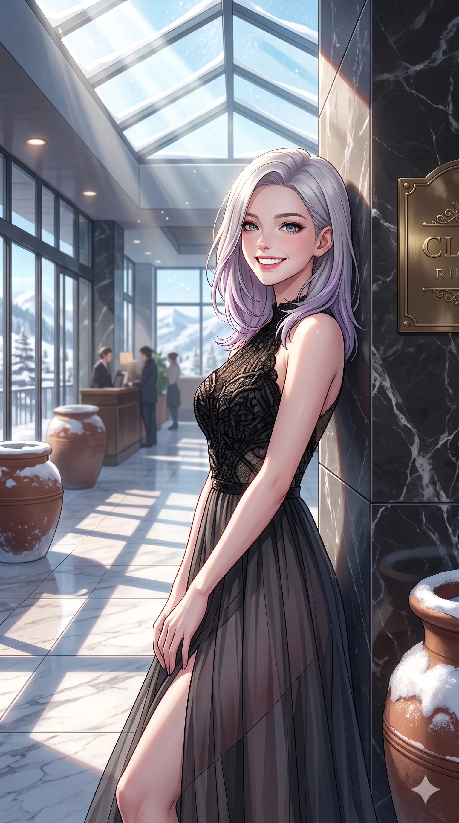 score_9, masterpiece, best quality, ultra-detailed, high-budget anime keyframe, vibrant anime aesthetic, Caucasian woman, strictly human ears. cowboy shot from the thighs up, character and outfit filling the frame for maximum presence. She is leaning back with a bright, radiant winter smile, looking directly into the lens by a resort lobby patio under a winter skylight (Code-P21-190). She has an absolutely perfect 8-heads proportion, an exceptionally tall and slender female figure with impossibly long slender legs and an ultra-slim waist. V-shaped jawline, high-bridge nose, intricate jewel-like eyes with depth, thick eyelashes, glossy lips with a natural sheen. wearing a delicate chiffon gown featuring a black textured bodice in winter. She is illuminated by brilliant winter sunbeams casting sharp shadows on the clean marble terrace. 2k, ultra detail, master piece, 9:16 ratio