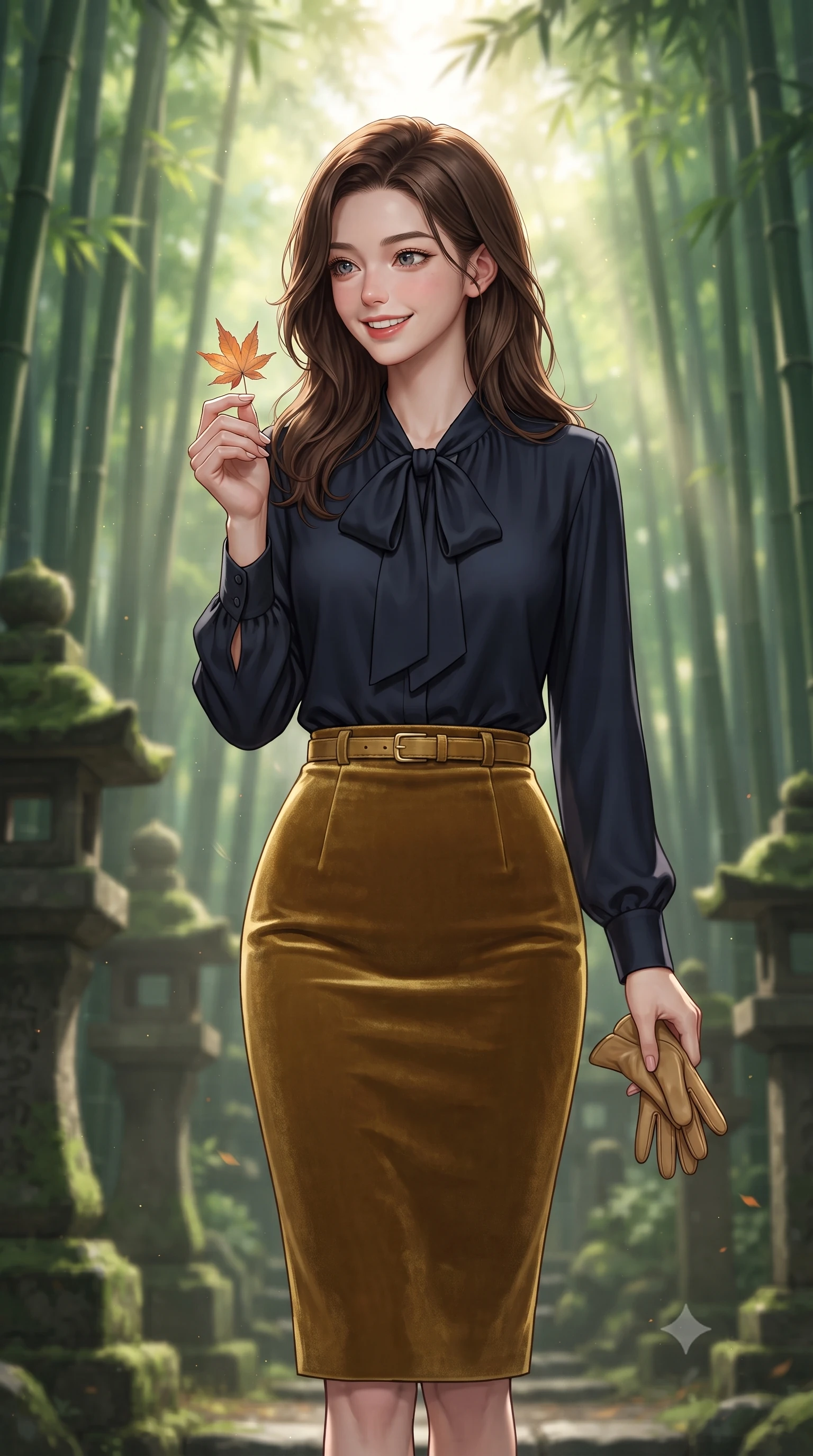score_9, masterpiece, best quality, ultra-detailed, high-budget anime keyframe, editorial fashion photography, tasteful artistic composition, Korean woman. close-up cowboy shot from the waist and thighs up, the character dominates the composition, filling the frame with her large presence. holding a single autumn leaf delicately between manicured fingers, admiring it with a cheerful, parted-lip smile while walking slowly beneath the towering bamboo canopy, listening to the gentle rustling leaves with peaceful aristocratic grace. The background shows a soft-focus ancient mossy stone lanterns softened in mystical Japanese natural sanctuary shallow focus. She has an exceptionally elegant, slender, and willowy female figure with an ultra-slim waist, flat toned midriff, narrow ribcage, and sculpted feminine hips creating an alluring, slim hourglass silhouette without bulk. sharp v-shaped jawline, high-bridge nose, intricate jewel-like sparkling eyes with depth, thick eyelashes, glossy parted lips with a natural peach sheen, bright cheerful beaming smile with an enchanting and coquettish sensual glint, exuding both youthful cute charm and seductive allure, flawlessly proportioned anatomical accuracy, strict slender model proportions, natural body alignment, perfectly sculpted long slender limbs, ultra-slim waistline, clean dynamic posture without body distortion. wearing a fluid silk crepe pussy-bow blouse paired with a high-waisted tailored pencil midi skirt and slim leather belt in Ginza vintage brass gold and midnight navy, crafted from rich cotton velvet with deep light-absorbing pile and soft gradients, complemented by buttery leather gloves held delicately in one manicured hand, the precision-cut high-waisted tailoring accentuating her ultra-slim waist and long slender leg line with immaculate aristocratic poise. bathed in ethereal shafts of morning sunlight (komorebi) piercing through dense emerald bamboo canopies. ultra-reflective glossy finish, specular highlights, rich textural contrasts, high-contrast stereoscopic depth, volumetric dynamic lighting, 2k, ultra detail, master piece, 9:16 ratio